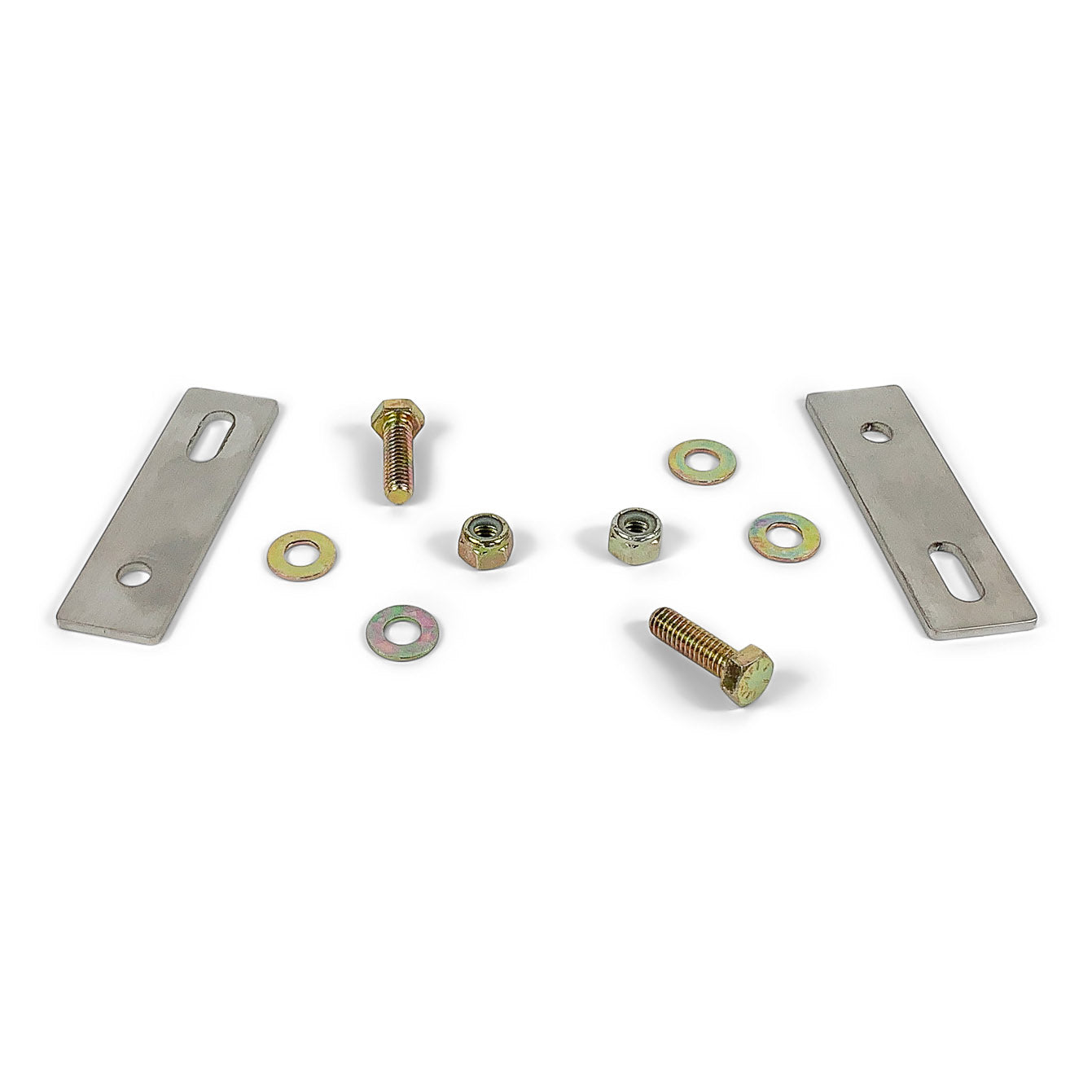Stainless steel mounting hardware kit with bolts, nuts, washers, and slotted brackets