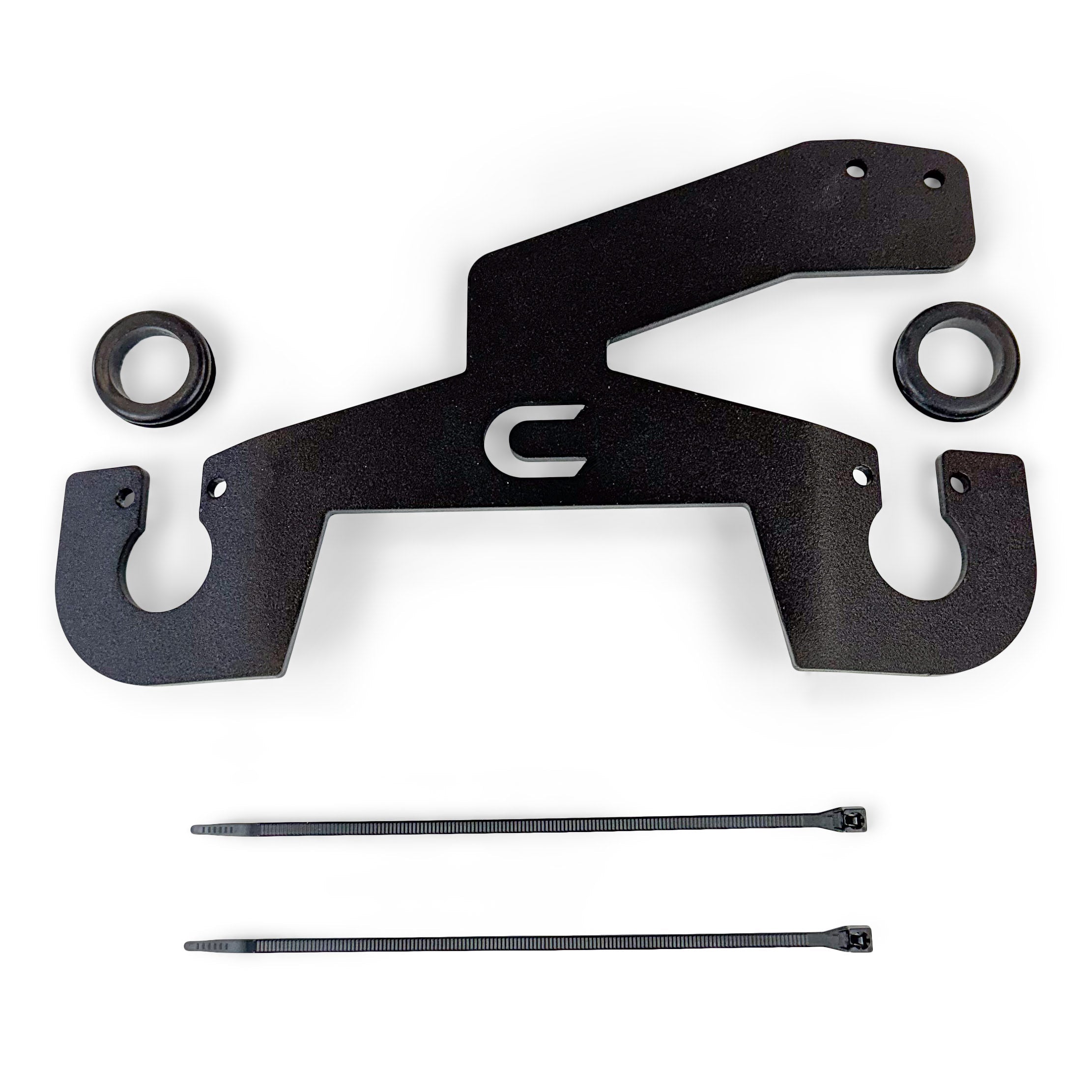 Black steel mounting bracket kit with two bushings and two zip ties for off-road vehicles.