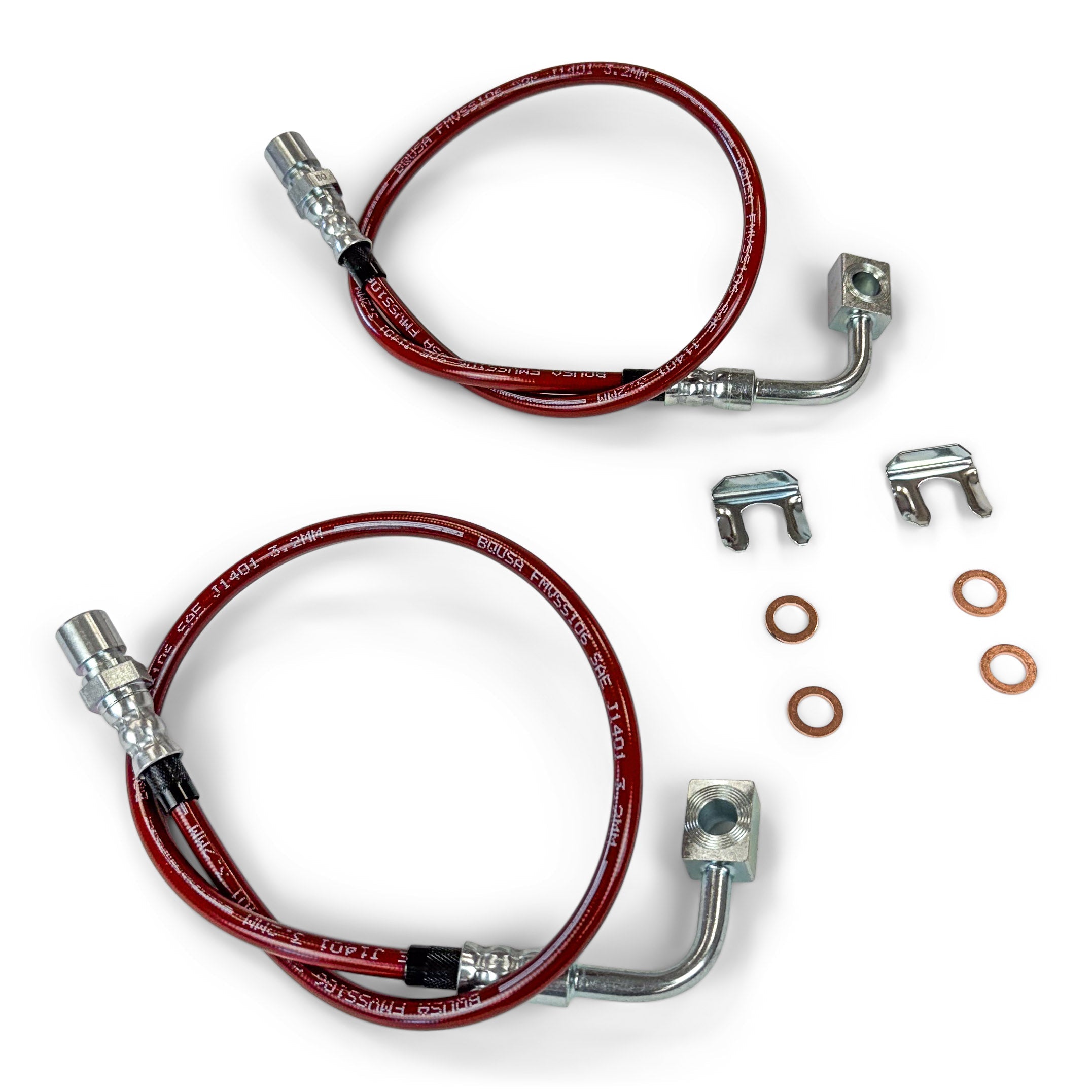 Red braided stainless steel brake lines kit with hardware for off-road vehicles