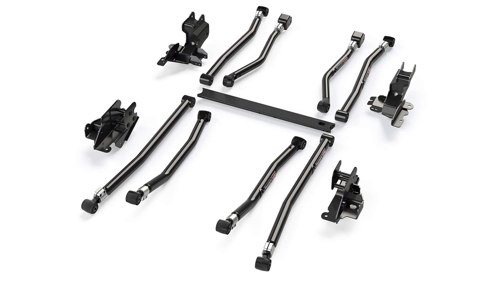 Heavy-duty control arms and mounting brackets laid out for off-road vehicle suspension upgrade
