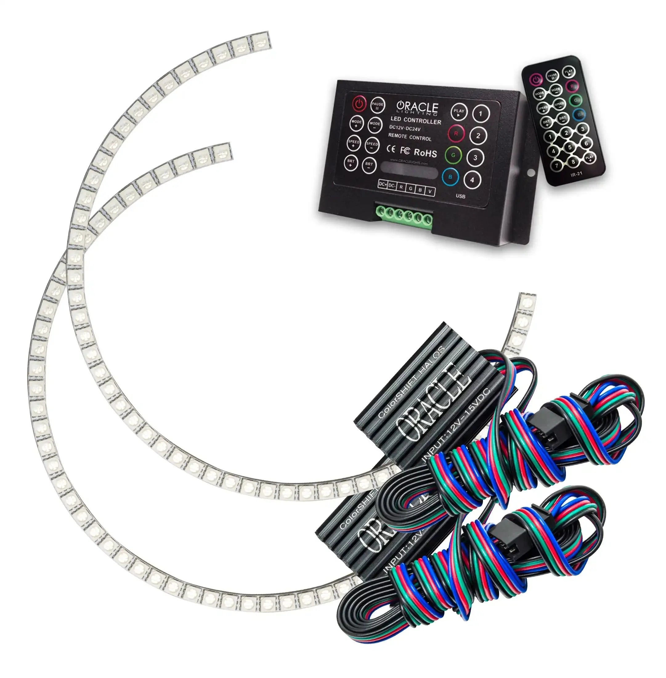 LED halo ring light kit with controller, remote, wiring for off-road vehicle headlights