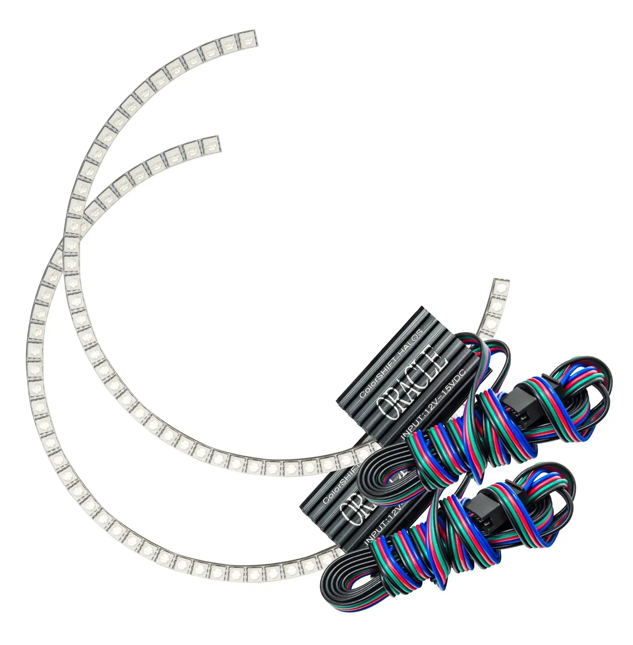 Pair of curved LED light strips with wiring harness for vehicle headlights