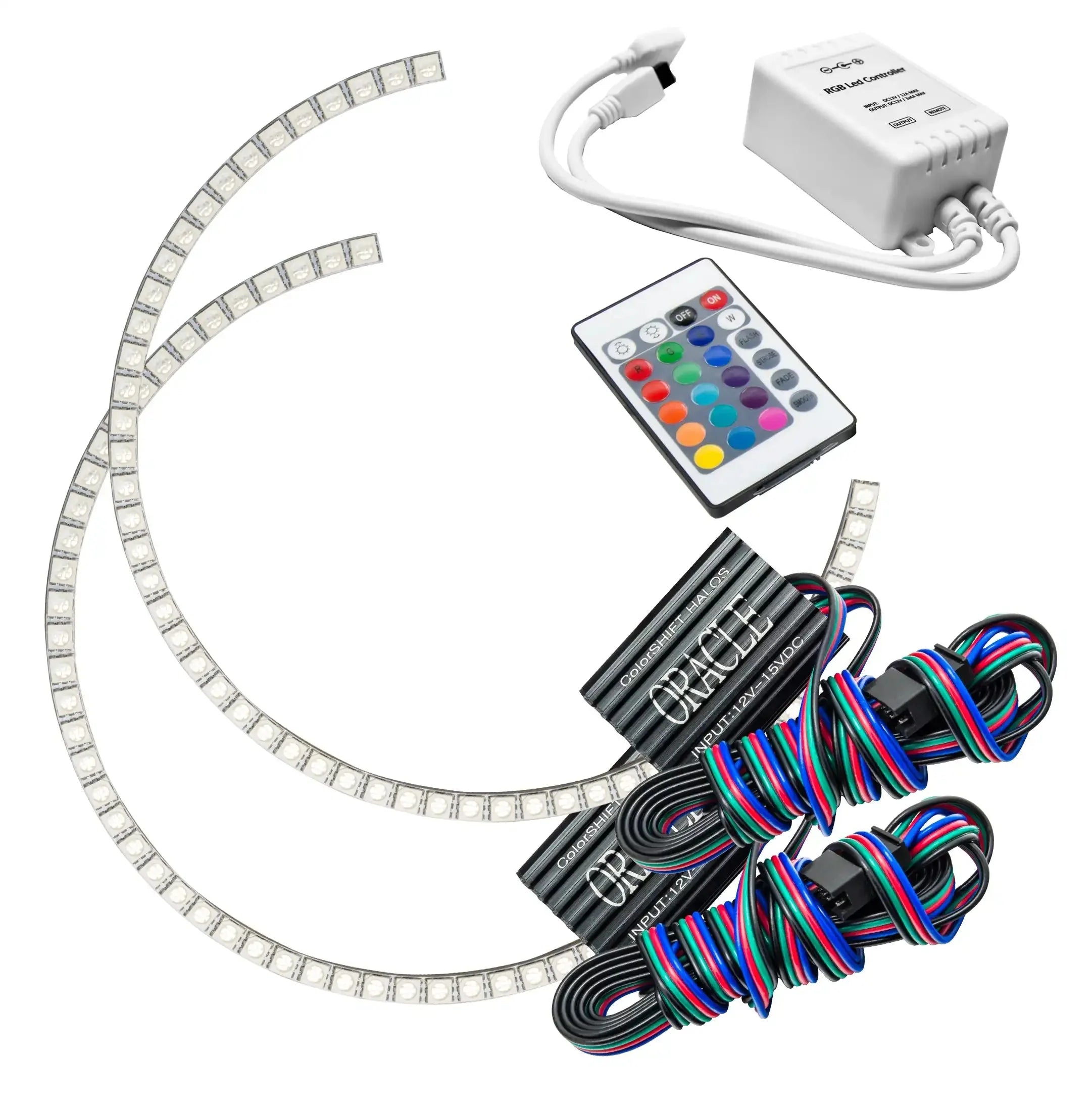 RGB LED halo ring light kit with remote and wiring for off-road vehicle headlights