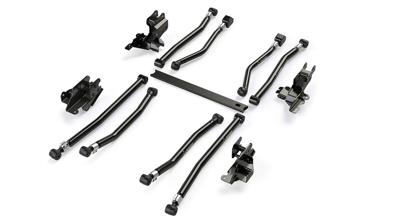 Black steel adjustable control arms and brackets for off-road vehicle suspension
