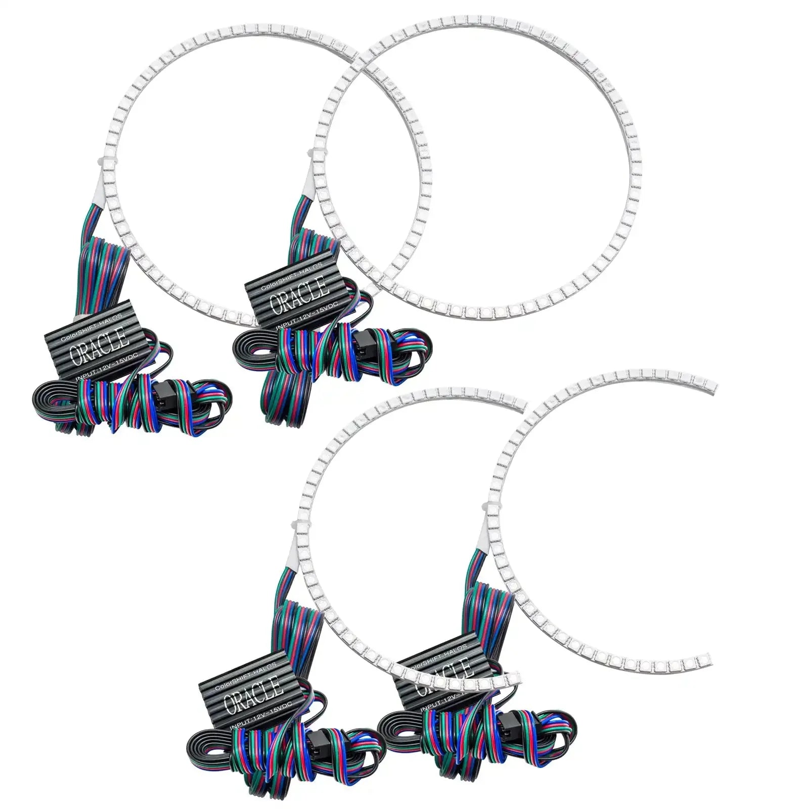 Four LED halo headlight ring kits with wiring for overlanding vehicles and trucks