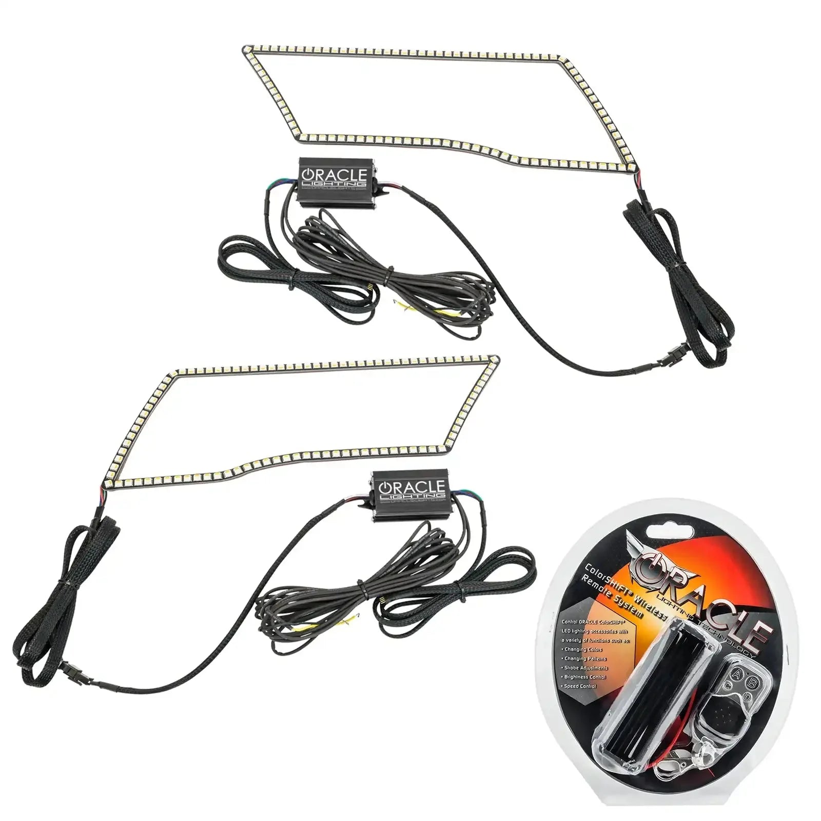 Off-road vehicle LED headlight halo kit with wiring harness and remote control, for Toyota or Jeep