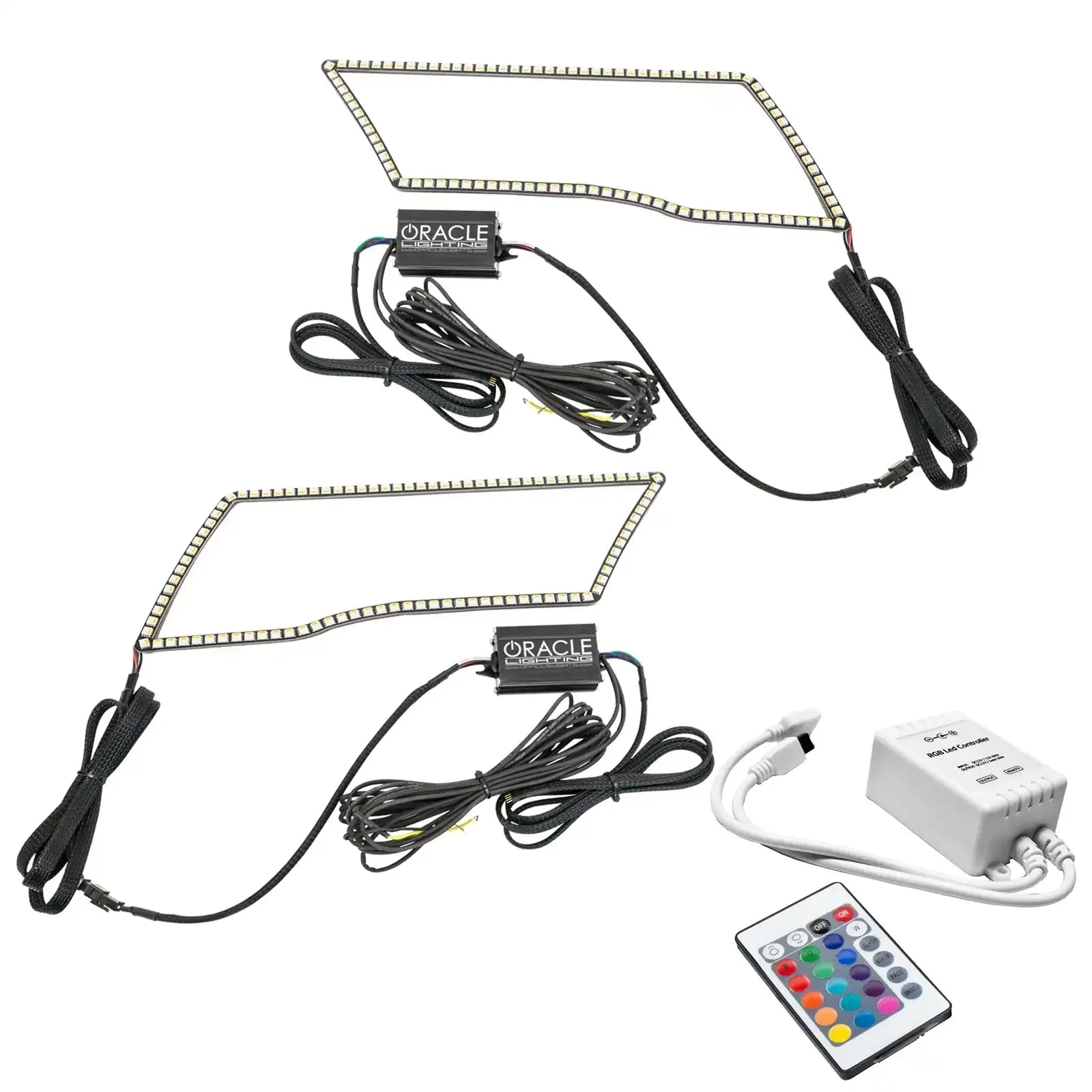 RGB LED light strip kit with remote control for vehicle headlights, wiring and modules