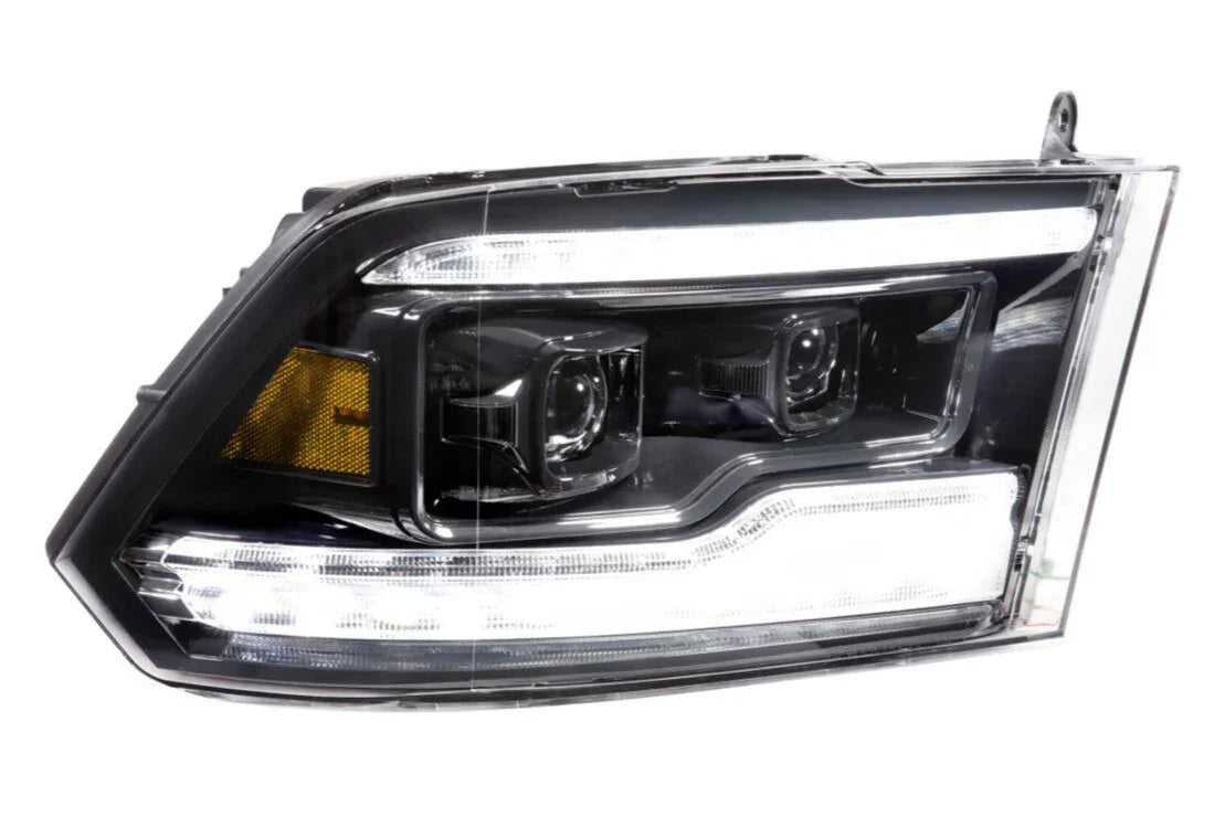 LED headlight assembly for Dodge Ram 1500 Classic, black housing with amber reflector