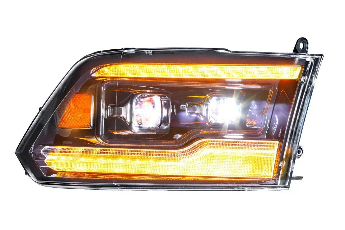 Amber LED headlight for Ram truck, clear lens with illuminated amber strips