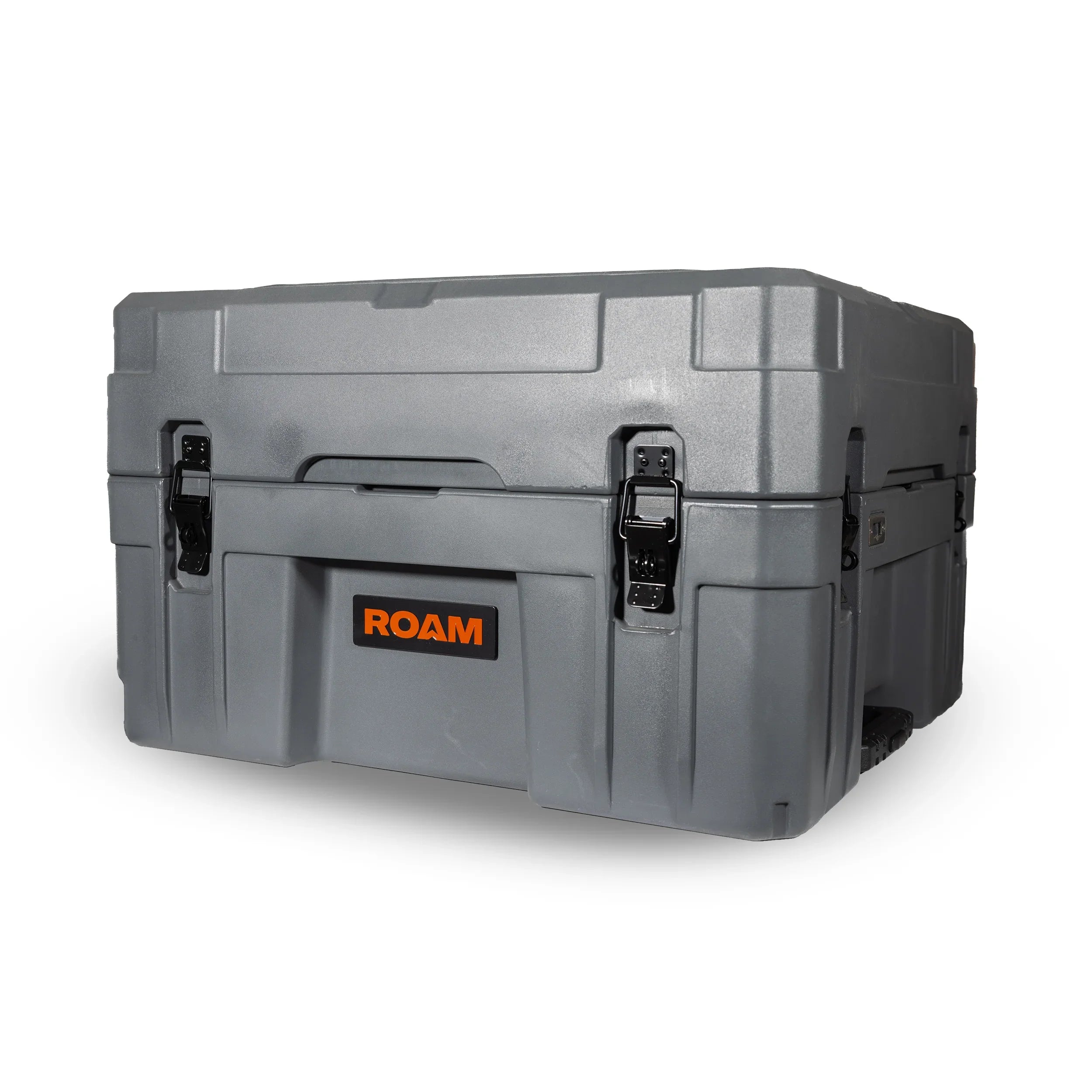Gray heavy-duty storage box with black latches for overlanding and adventure gear