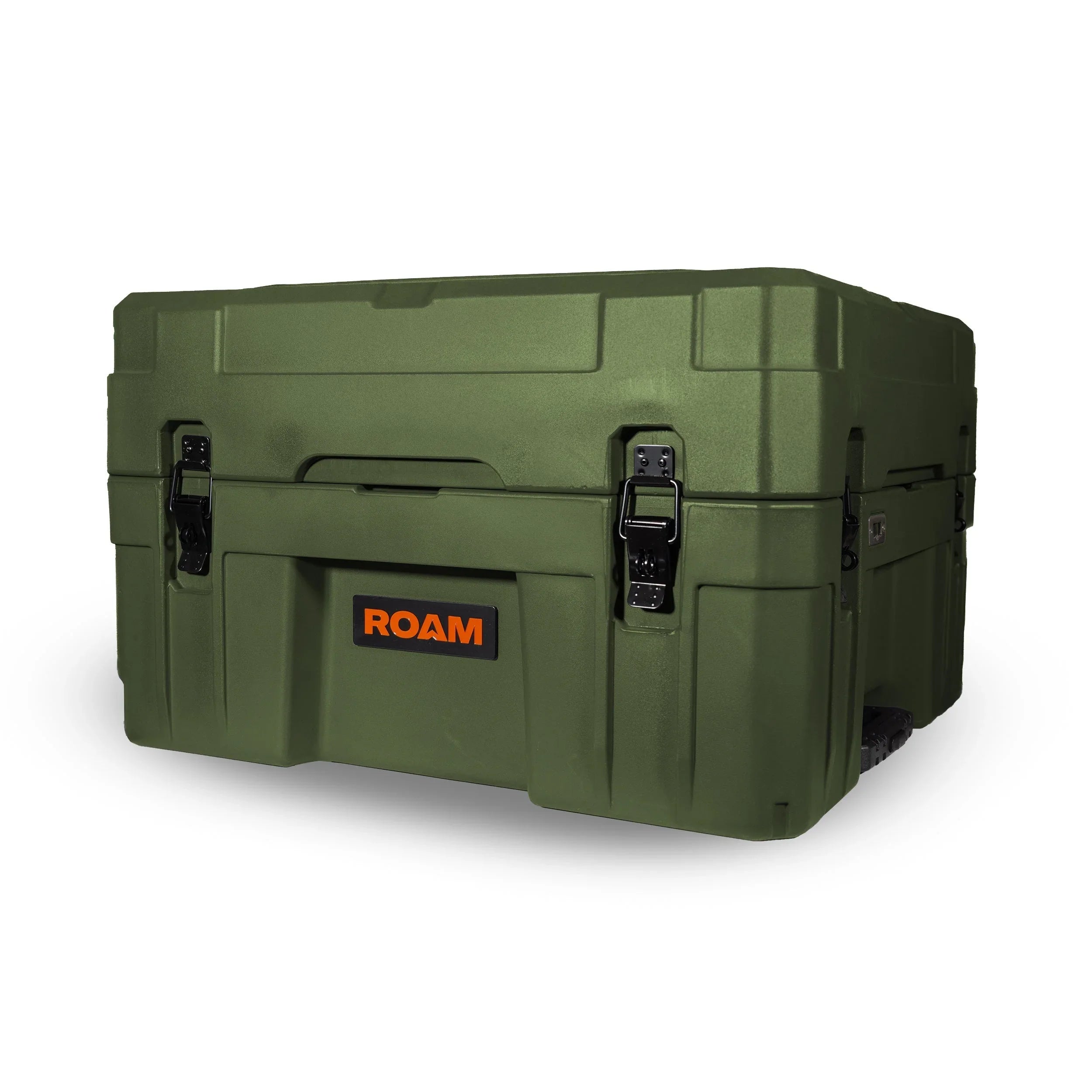 Olive green overland storage box with secure latches and ROAM logo, ideal for expedition gear