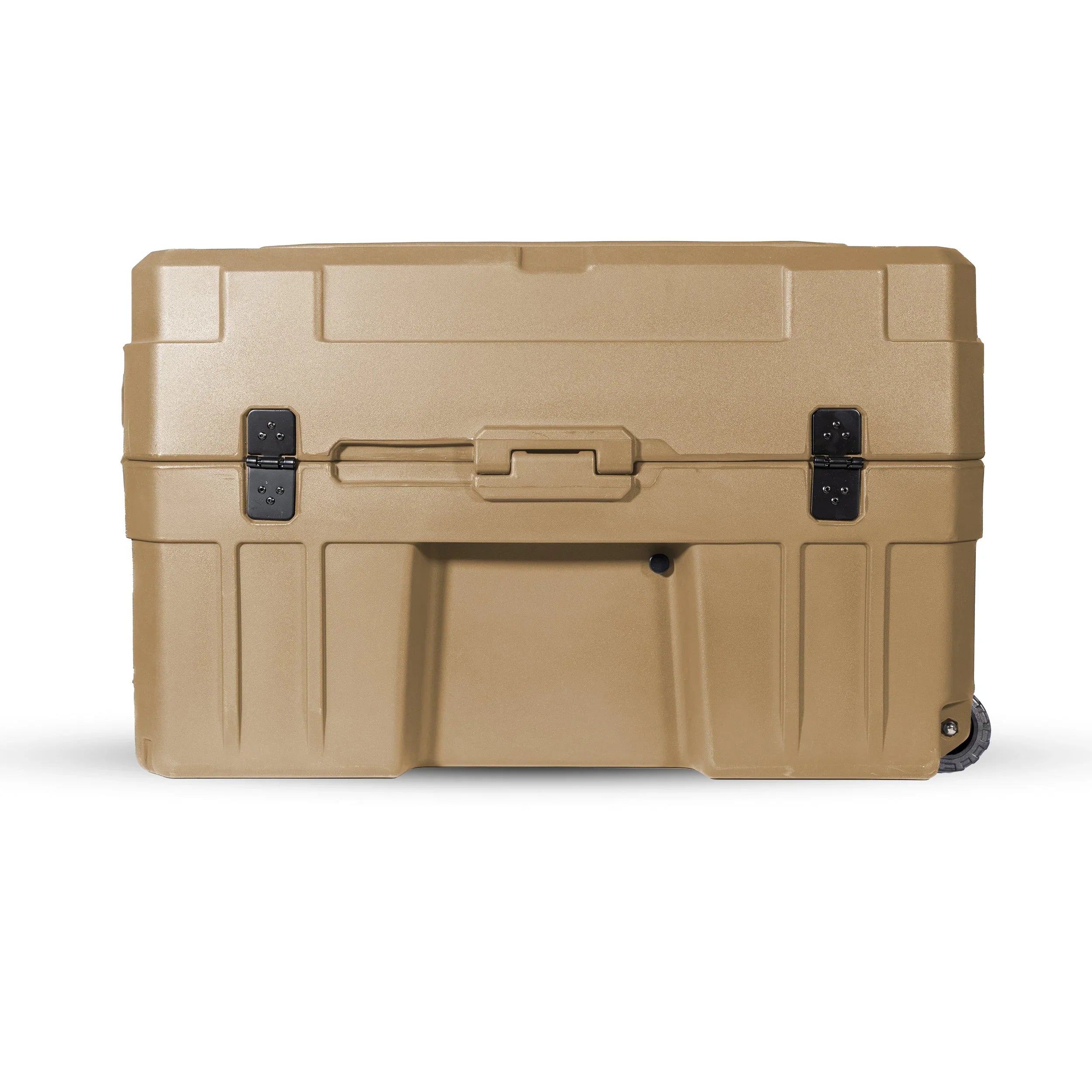 Desert tan heavy-duty storage case with reinforced latches for overlanding gear