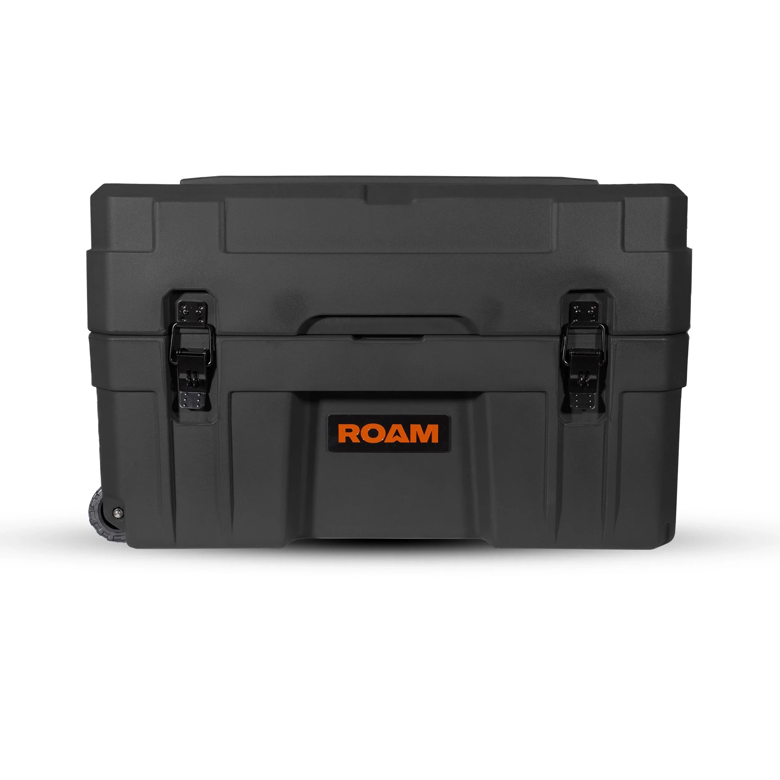Black heavy-duty storage case with ROAM logo, front latches, ideal for overlanding gear