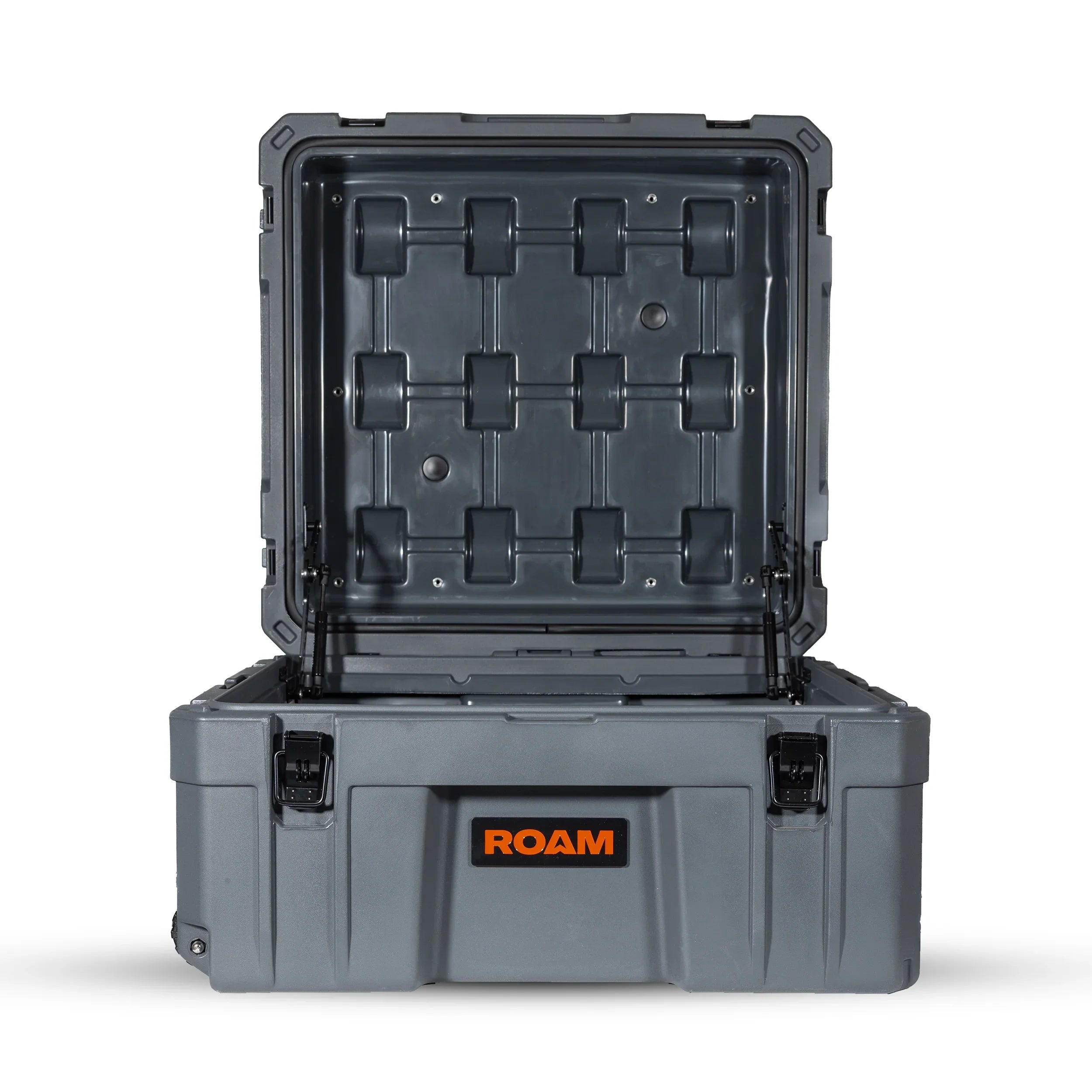 Heavy-duty gray storage case with open lid, reinforced design for overlanding and camping gear