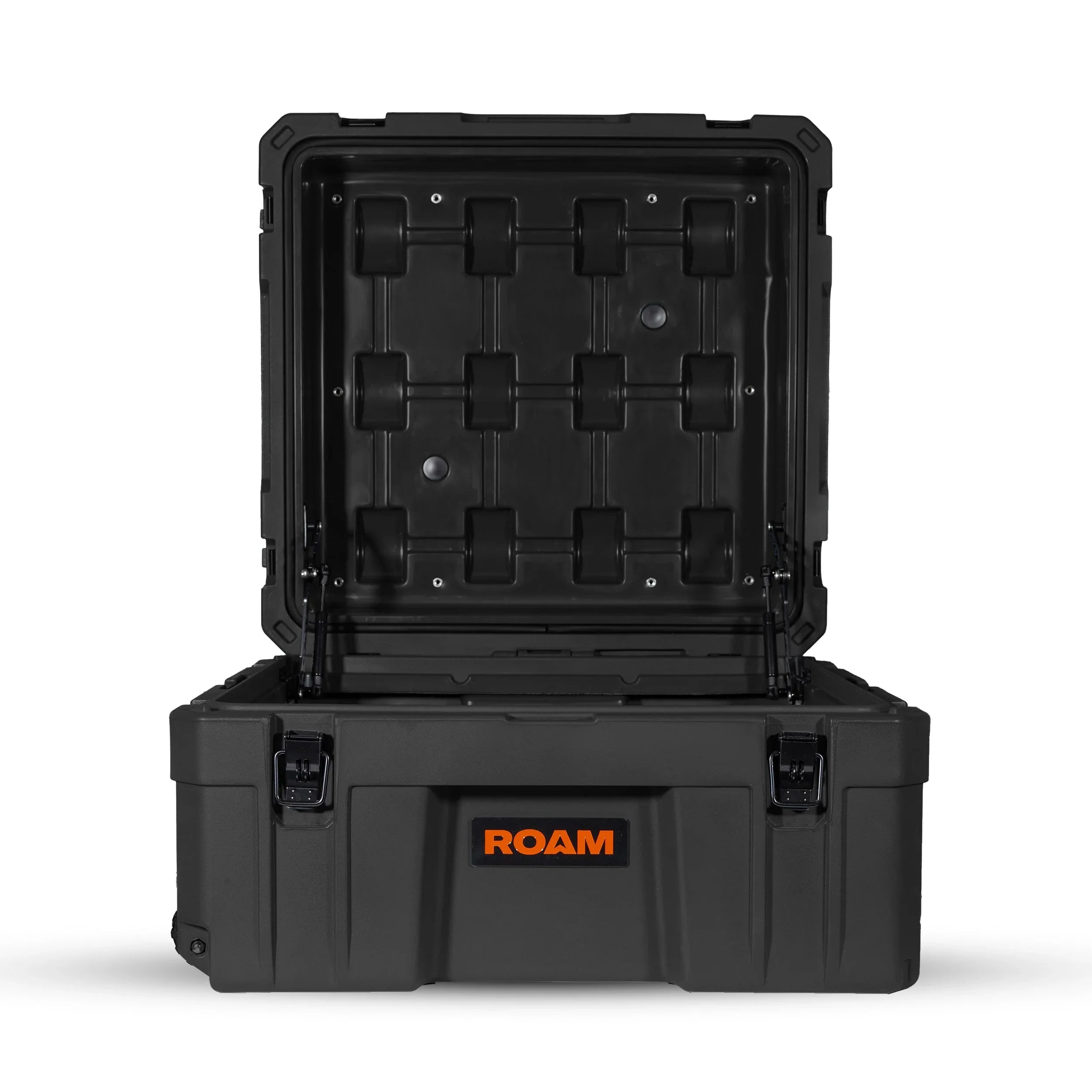 Black rugged storage case with open lid, ROAM logo, for overlanding gear and camping equipment
