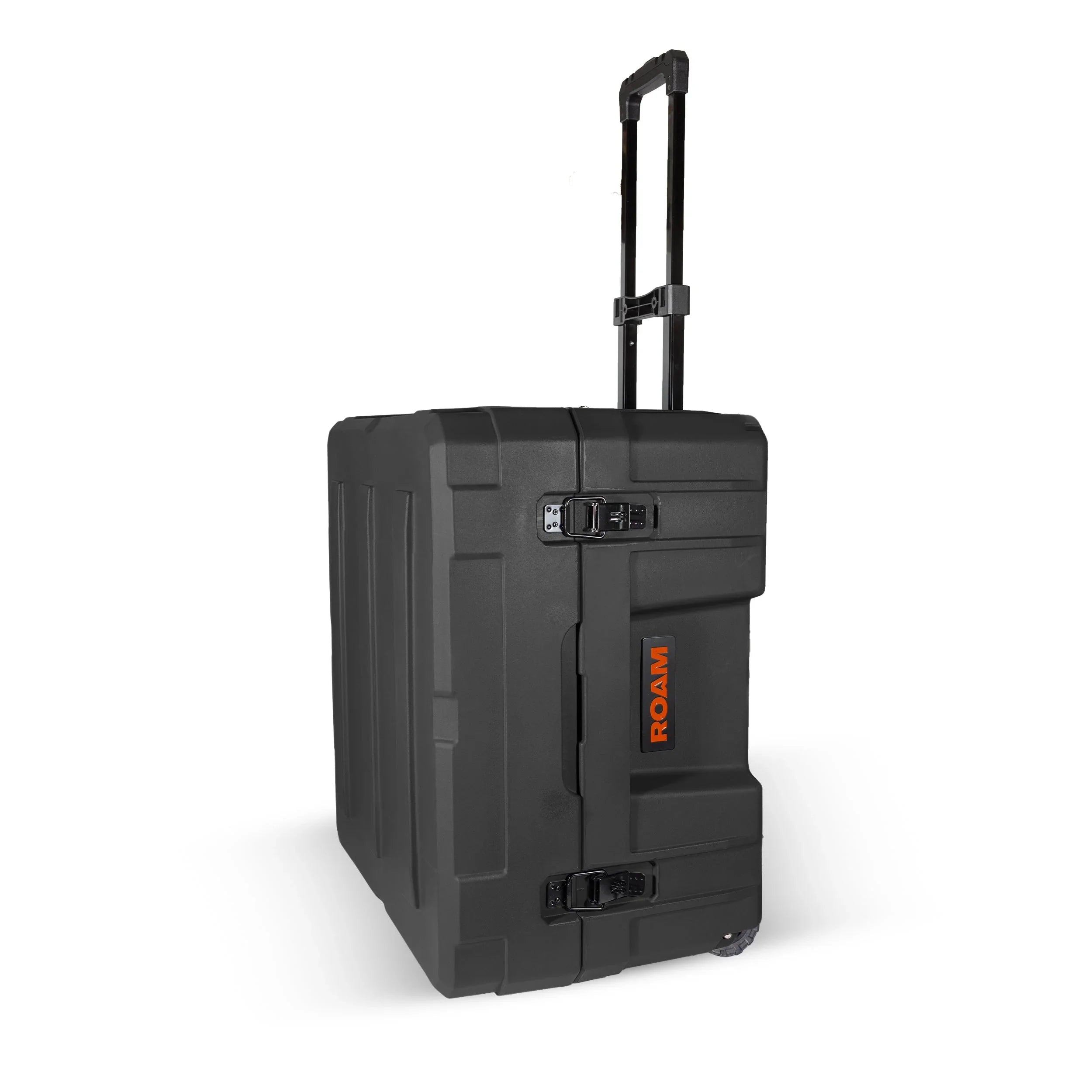 Black hard shell overlanding gear case with wheels and extendable handle, ROAM logo visible