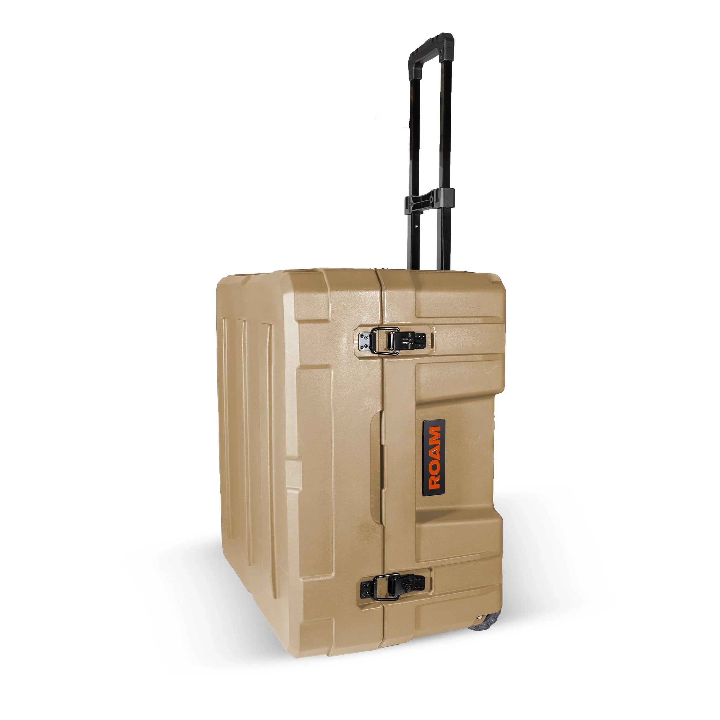 Desert tan hard case with wheels, telescoping handle, and black latches, ideal for overlanding gear storage
