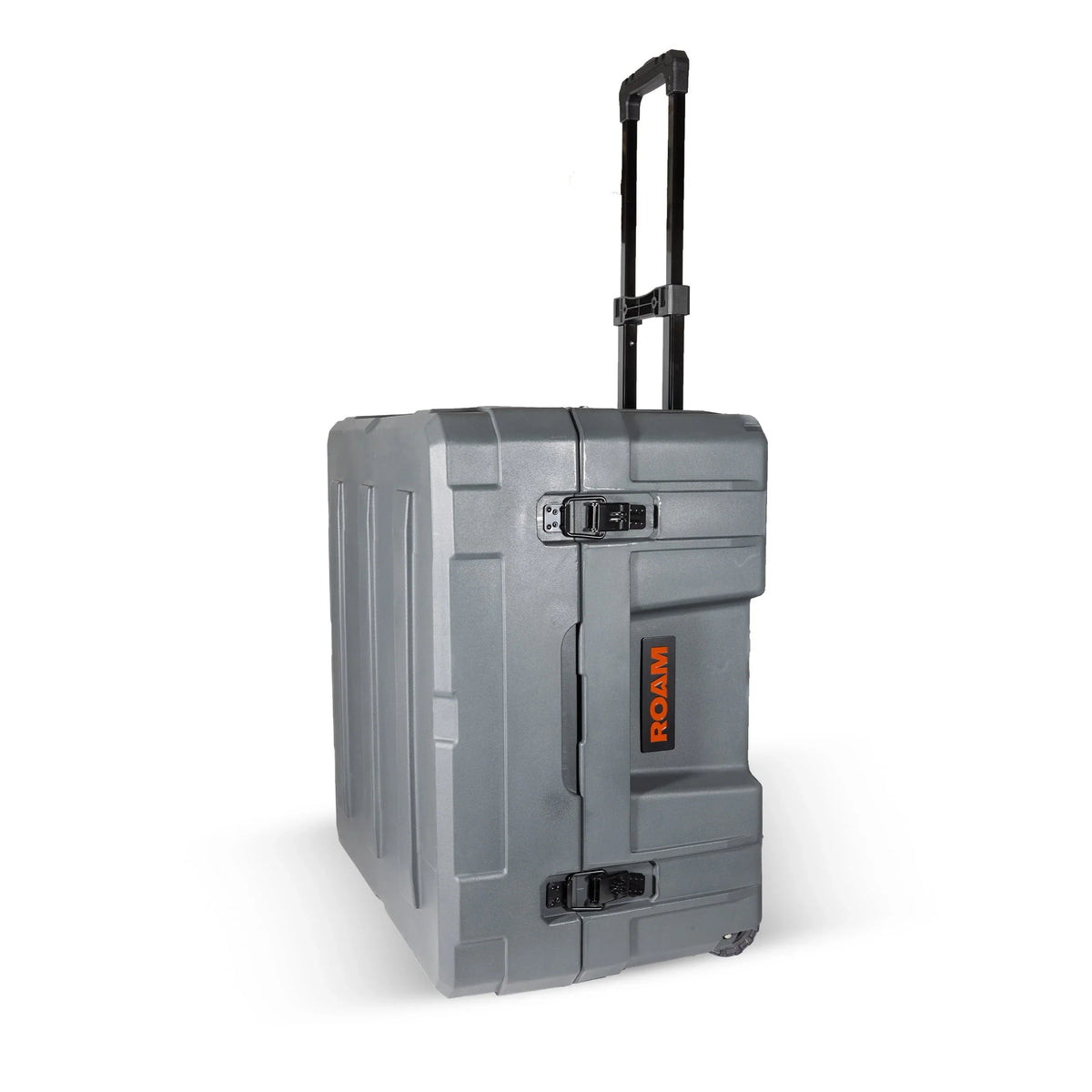 Slate gray hard shell rolling storage case with telescopic handle and durable latches for overlanding gear