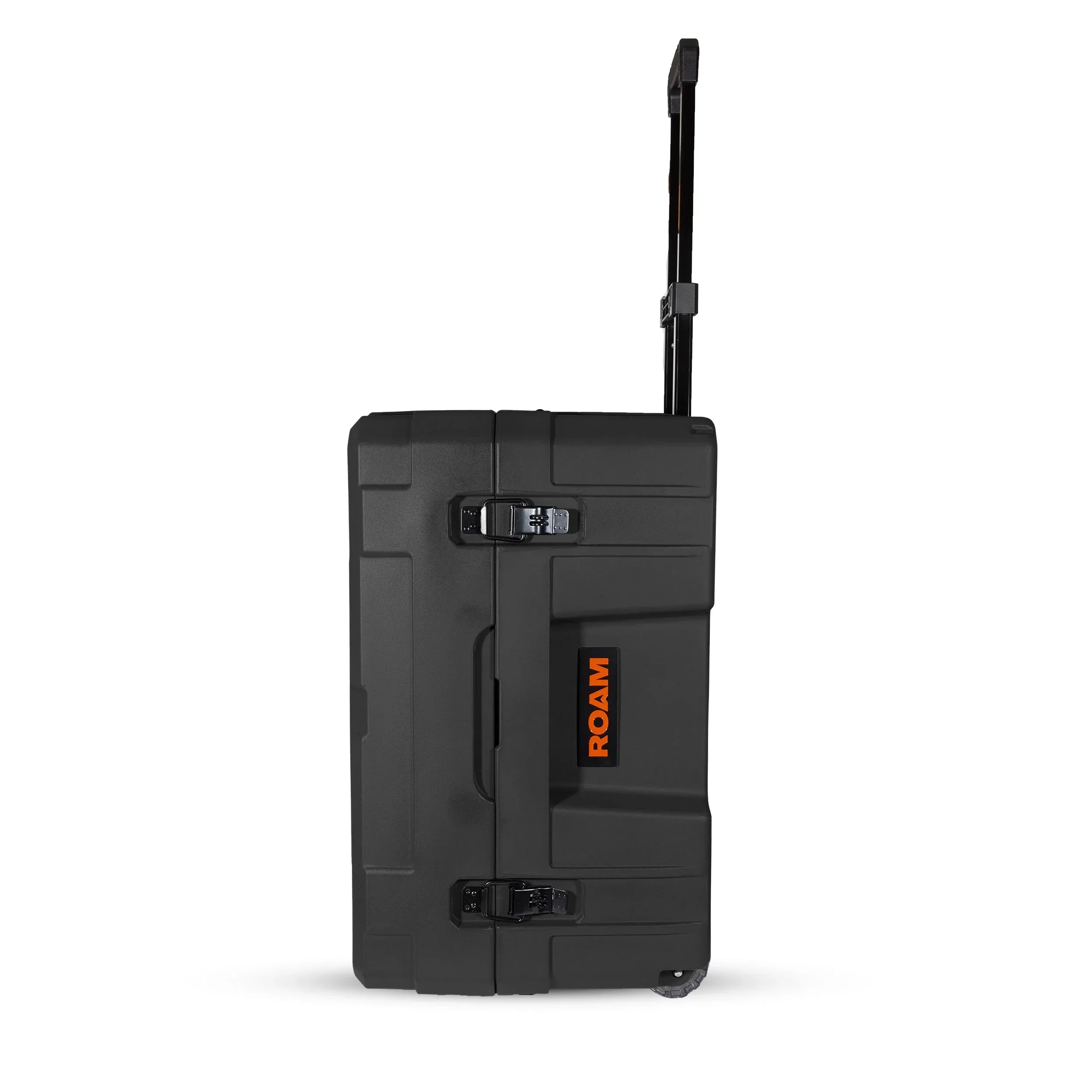 Black hard-shell rolling gear case with telescoping handle and secure latches, orange ROAM logo