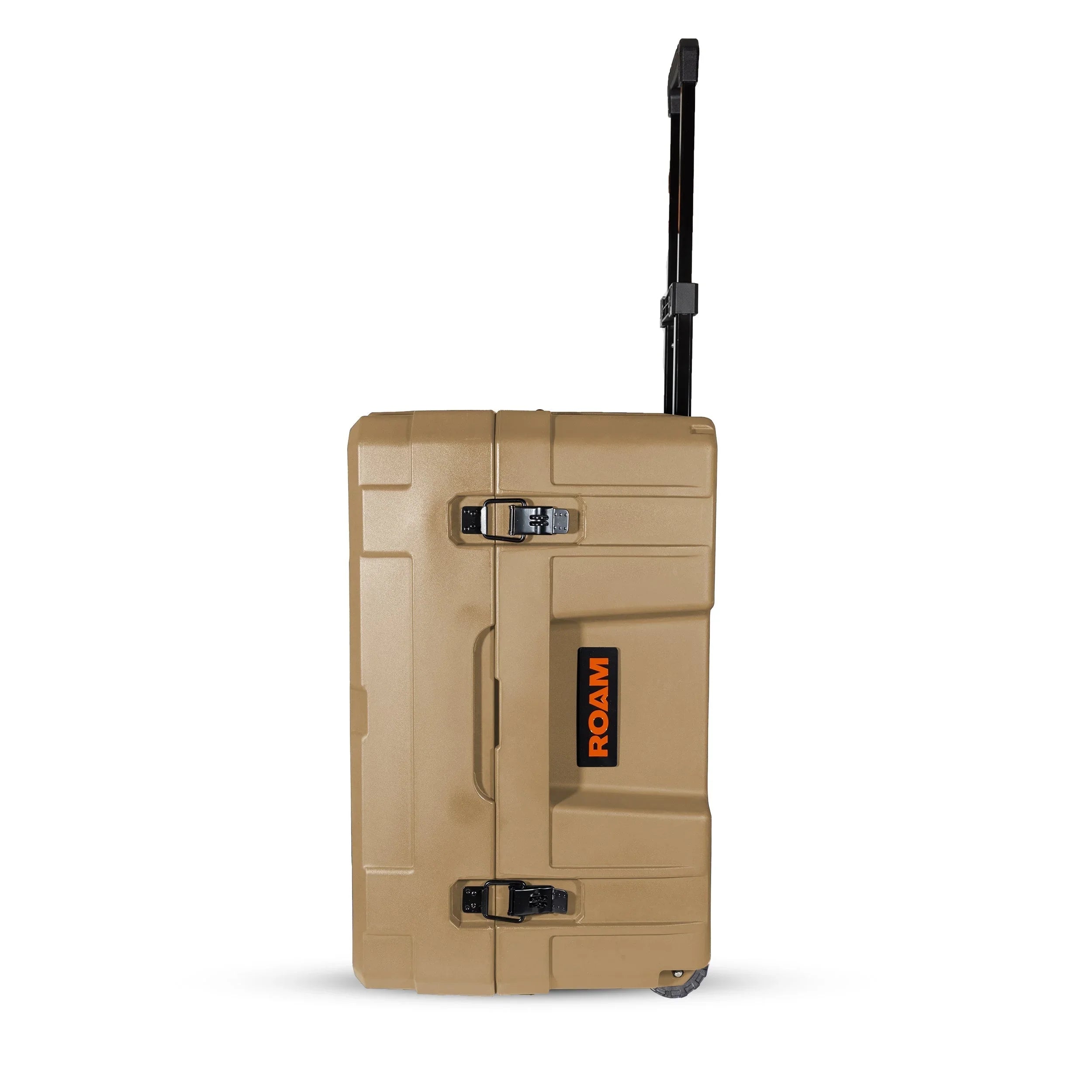 Desert tan overland gear storage case with handle and wheels for camping and adventure vehicles