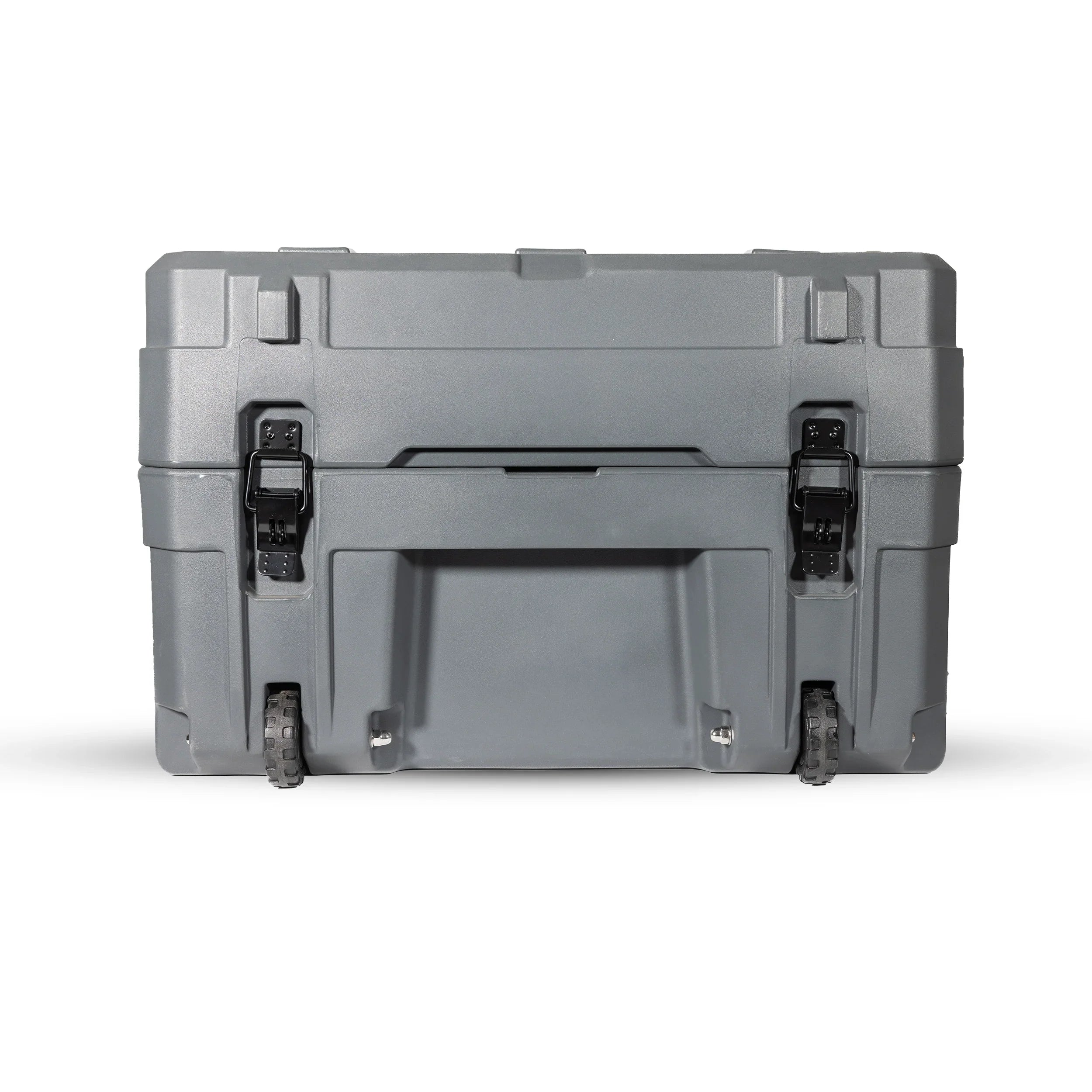 Gray rugged storage case with side latches and wheels for overlanding or expedition gear
