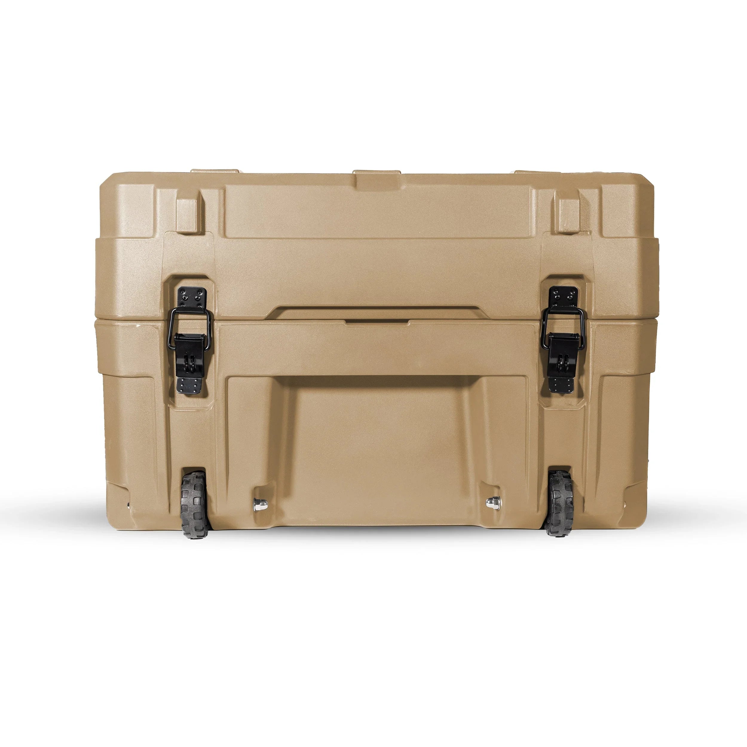 Desert tan rugged storage case with wheels and heavy-duty latches for overlanding gear
