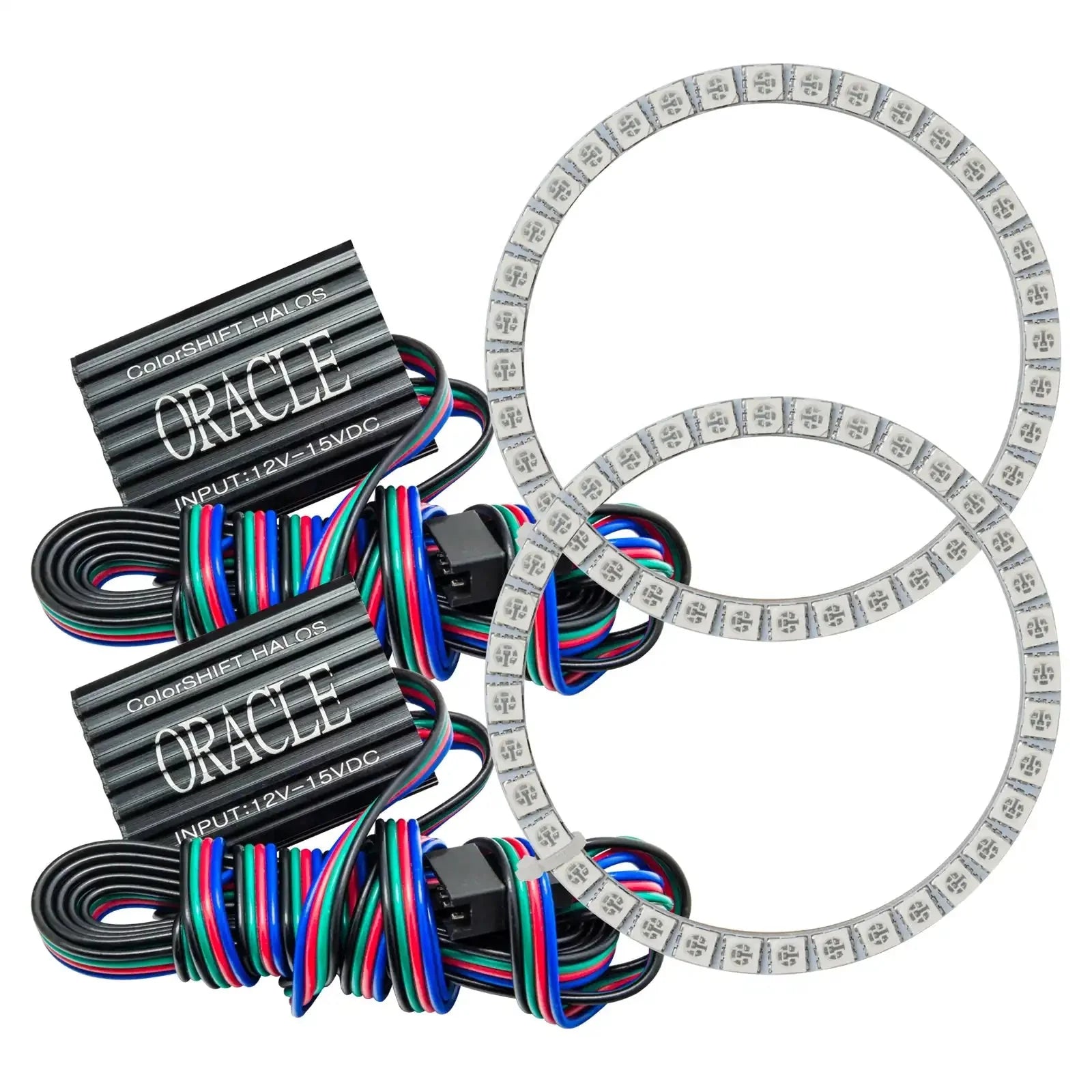 Pair of color-changing LED halo rings with multi-color wiring and controllers for vehicle headlights