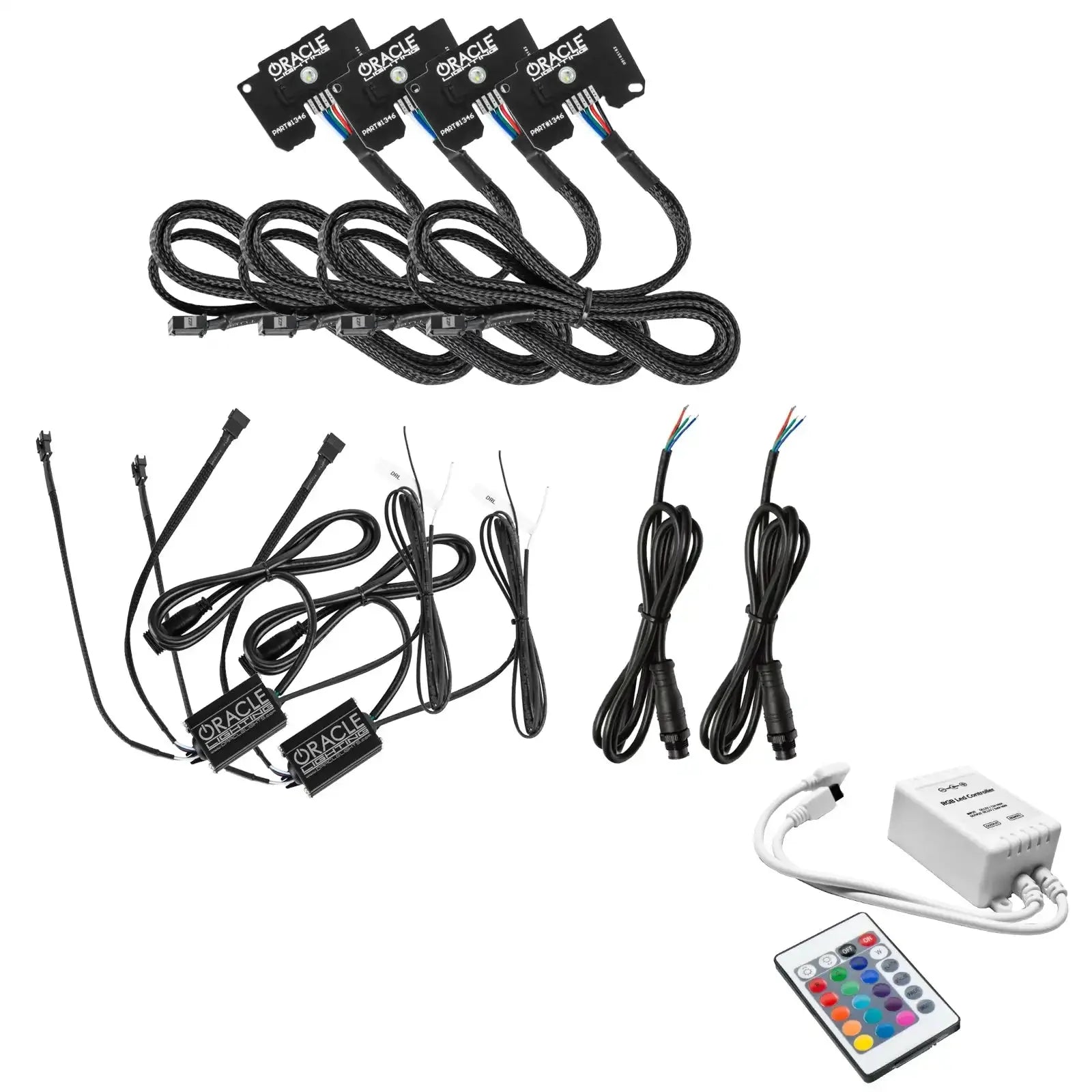 RGB rock light kit with control module, remote, wires, and connectors for off-road vehicles