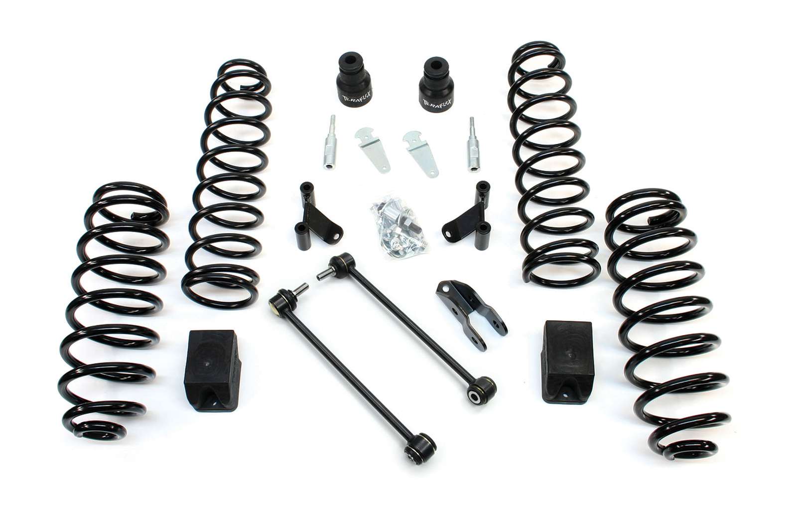 Overland vehicle suspension lift kit with black coil springs, brackets, and hardware