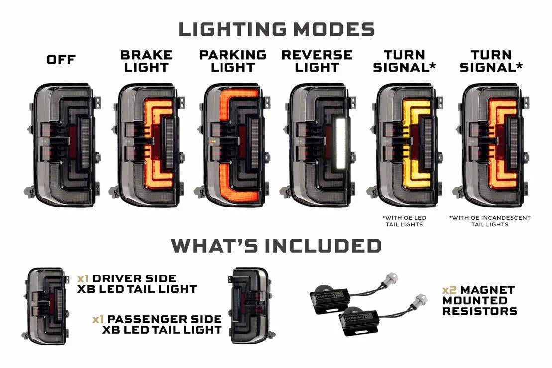 LED tail light kit showing lighting modes for brake, parking, reverse, and turn signals, plus included components.