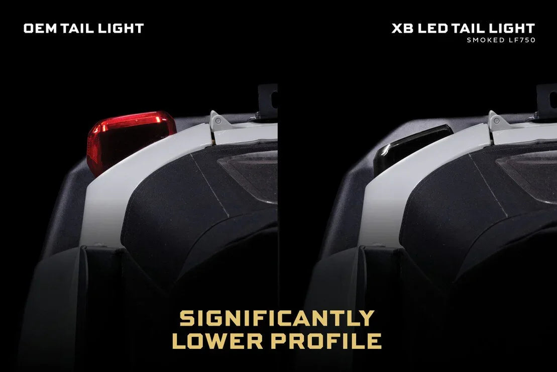 Comparison of OEM tail light and XB LED smoked tail light on a vehicle, showing lower profile design.