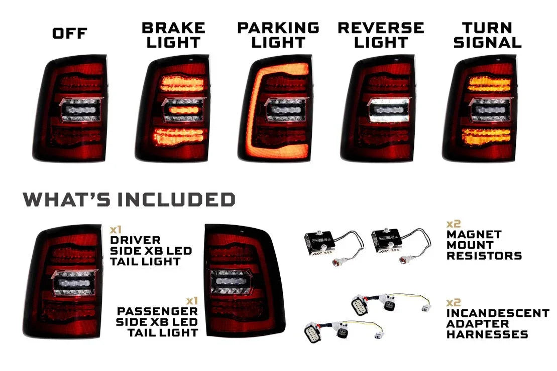 LED tail lights for truck shown in off, brake, parking, reverse, and turn signal modes, with included parts: driver and passenger side lights, resistors, adapter harnesses.