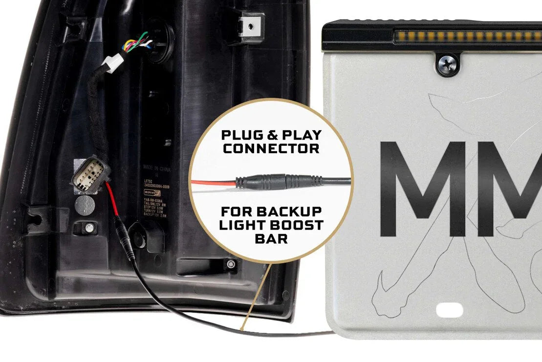 Plug and play connector for backup light boost bar wiring installation on vehicle tail light.