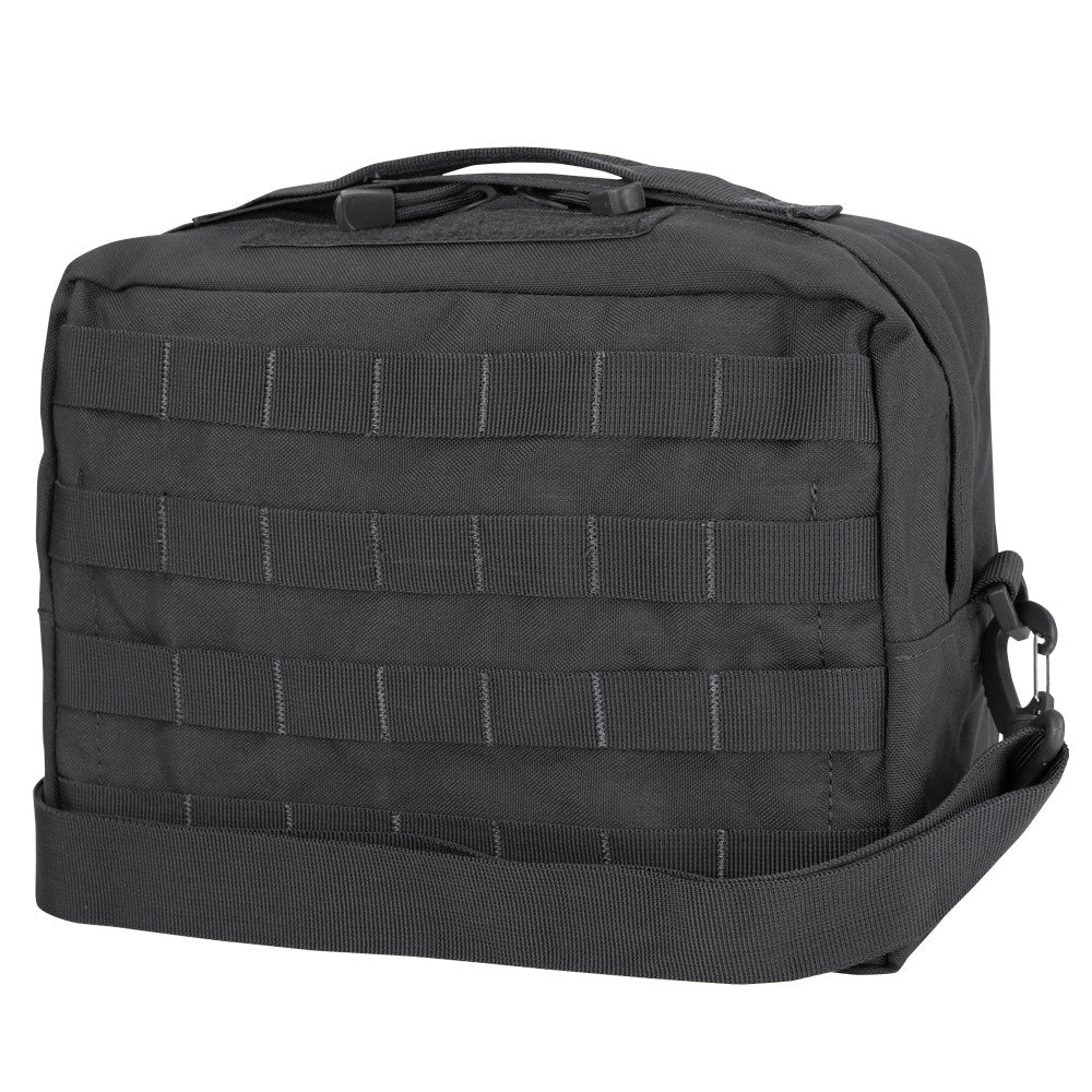 Black tactical utility bag with MOLLE webbing and adjustable shoulder strap