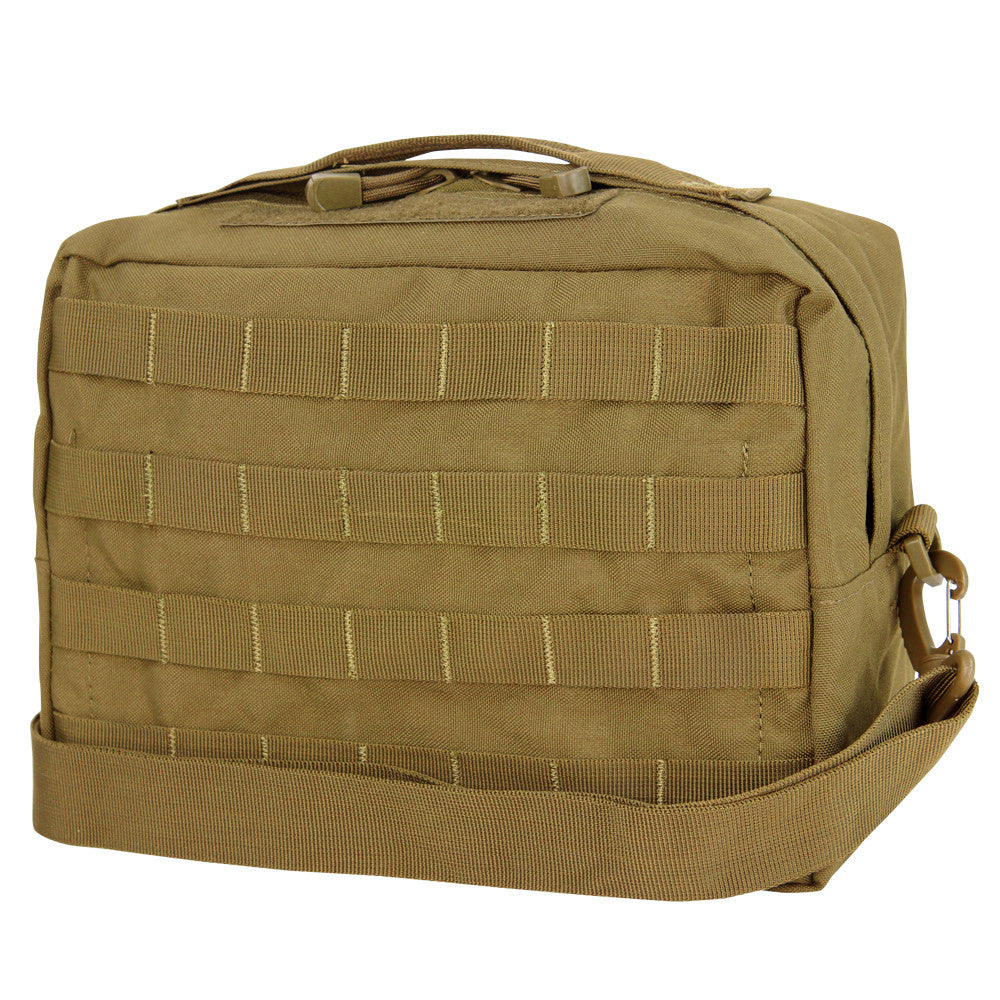 Tan tactical MOLLE utility bag with handle and shoulder strap for overlanding gear