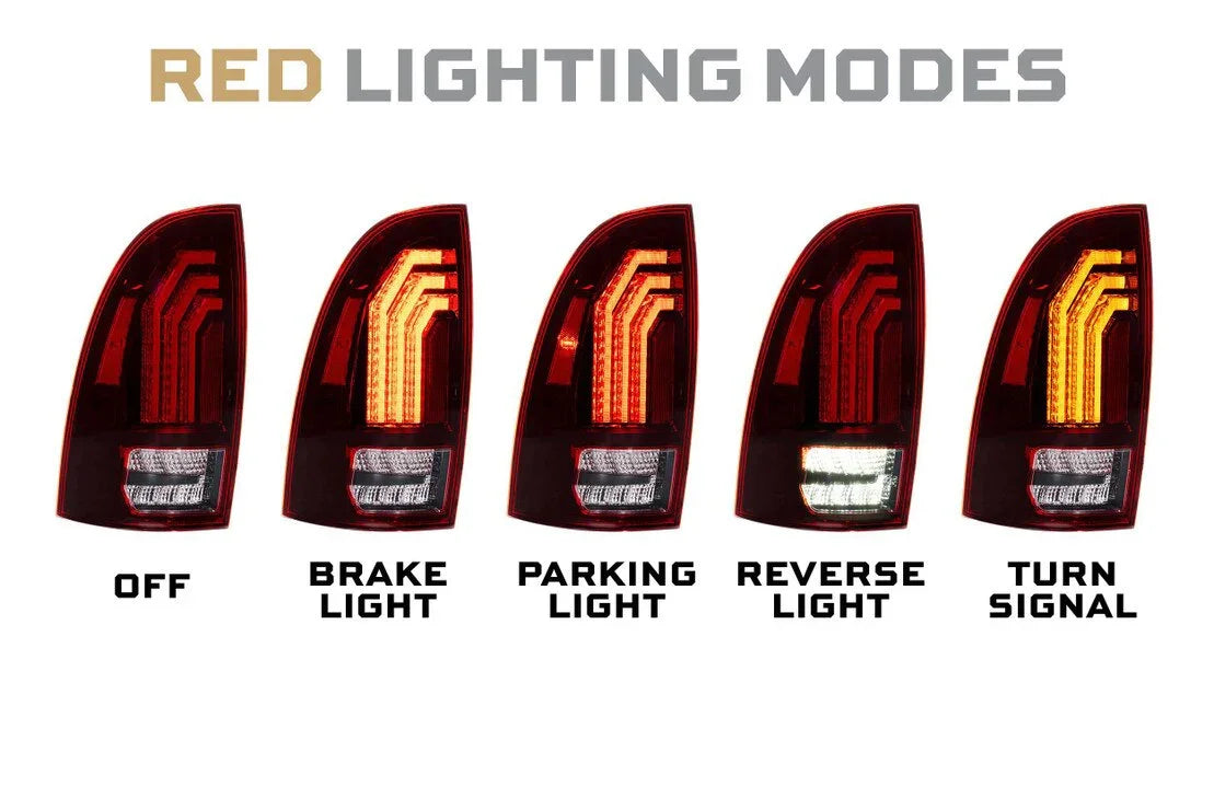 Red LED tail light modes for vehicle showing off, brake, parking, reverse and turn signal functions.