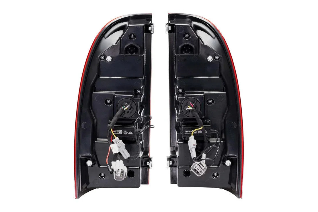 Pair of aftermarket LED tail lights with wiring for Toyota Tacoma, rear view