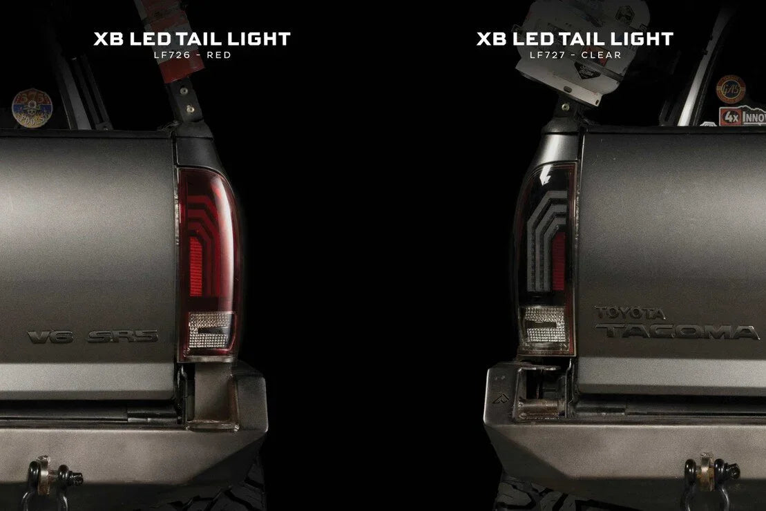 Comparison of XB LED tail lights in red and clear on the rear of a Toyota Tacoma