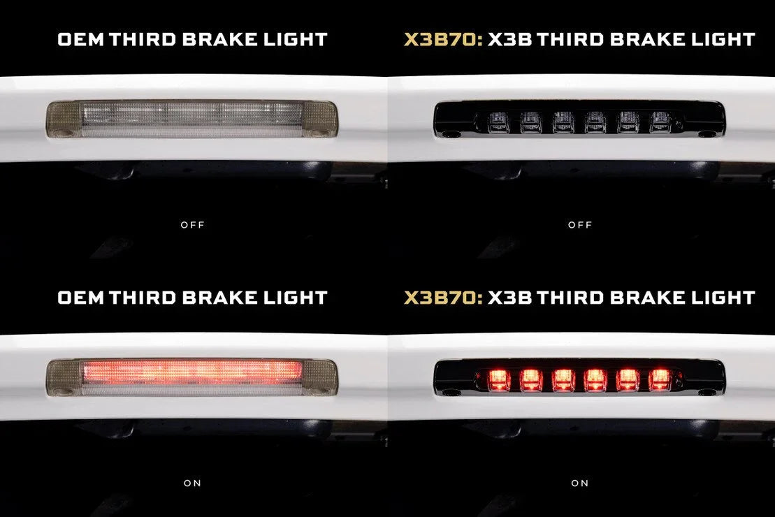 Comparison of OEM third brake light vs X3B LED third brake light for trucks, both off and on.