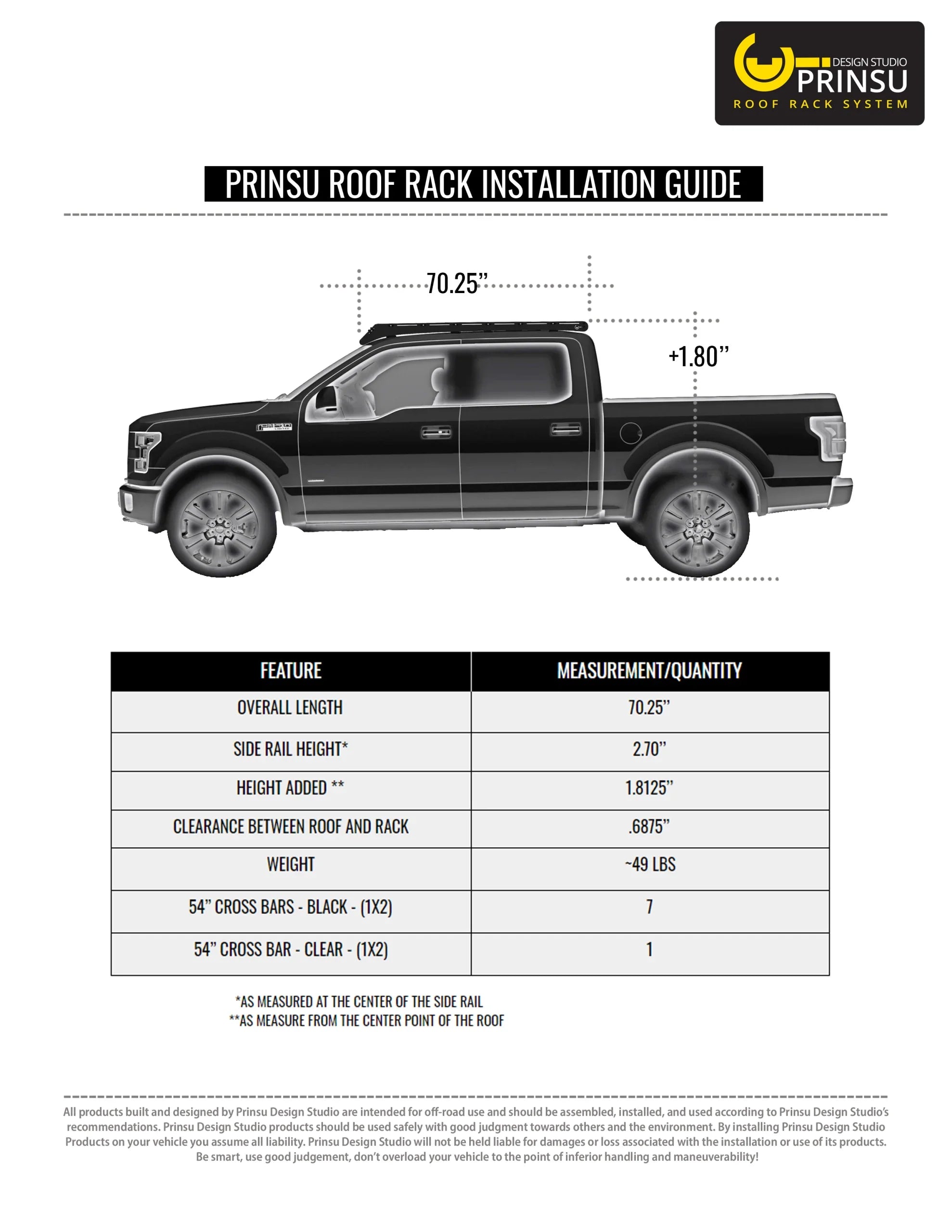 Prinsu roof rack installation guide with specs for Ford F-150 pickup truck