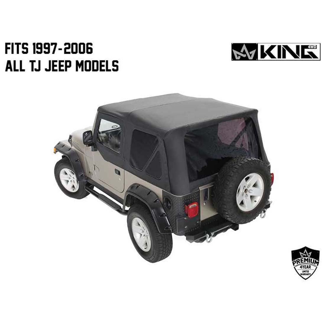 King 4WD replacement soft top with upper doors in Black Diamond for Jeep Wrangler TJ - view 2