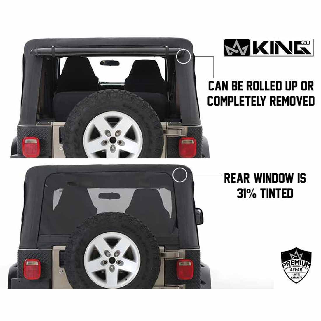 King 4WD replacement soft top with upper doors in Black Diamond for Jeep Wrangler TJ - view 7