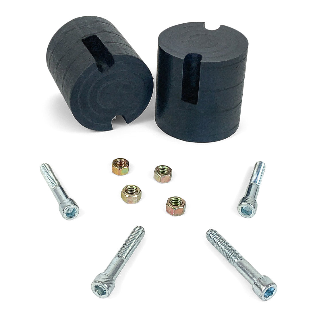 Overlanding vehicle suspension bump stops kit with bolts and nuts set on white background
