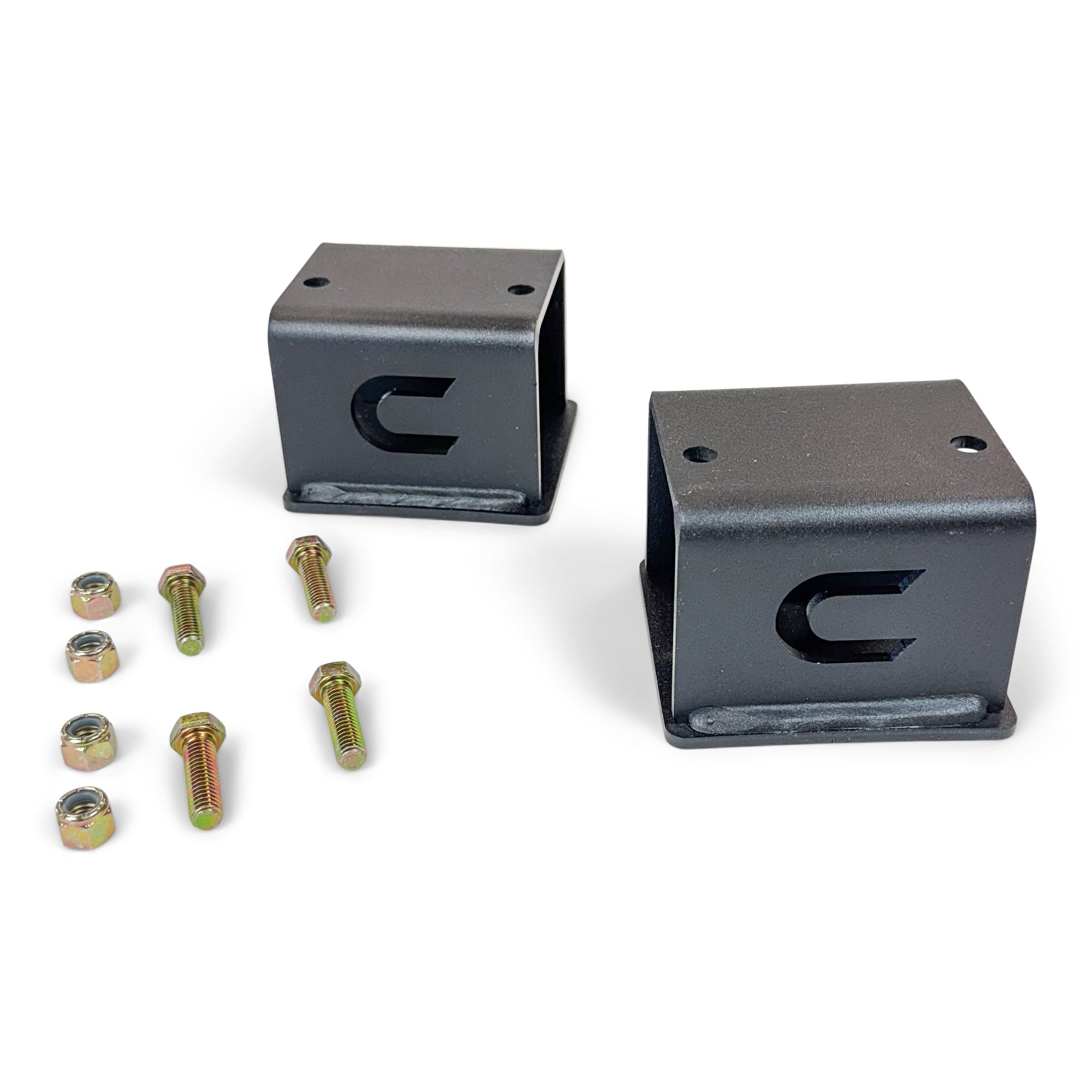 Black metal mounting brackets with bolts and nuts for overland vehicle accessories