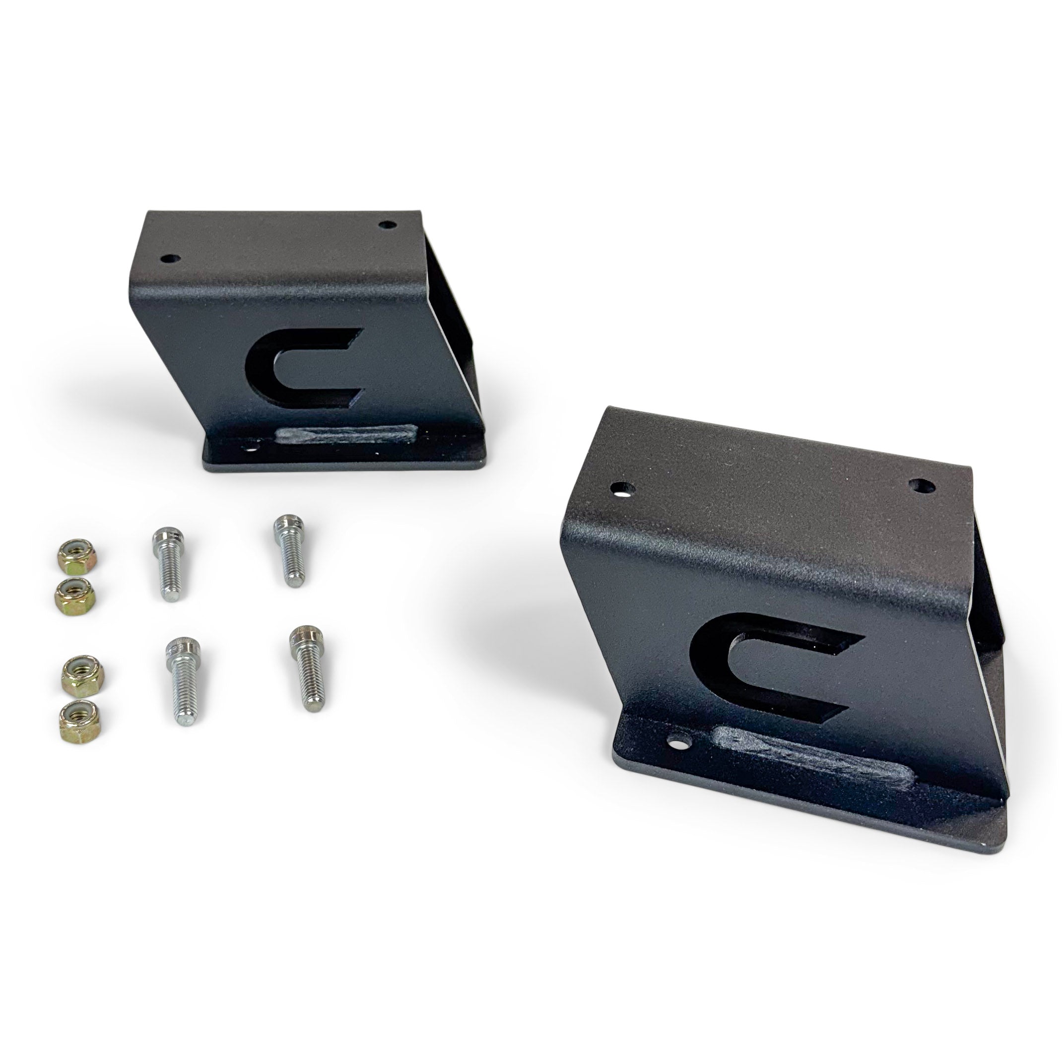 Black metal mounting brackets with hardware for overland vehicle accessories