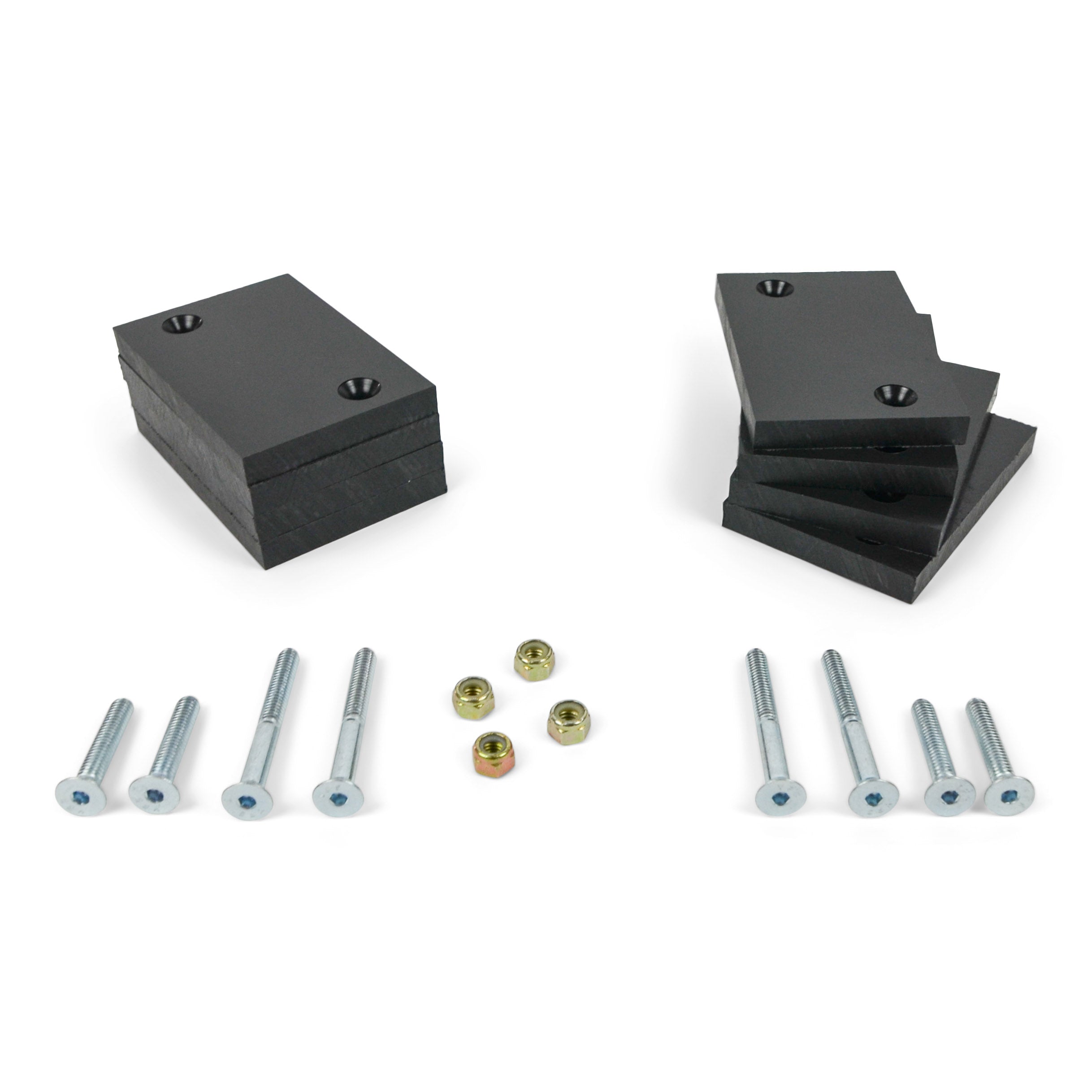 Vehicle leveling kit with black spacer blocks, bolts, and nuts for off-road trucks or SUVs