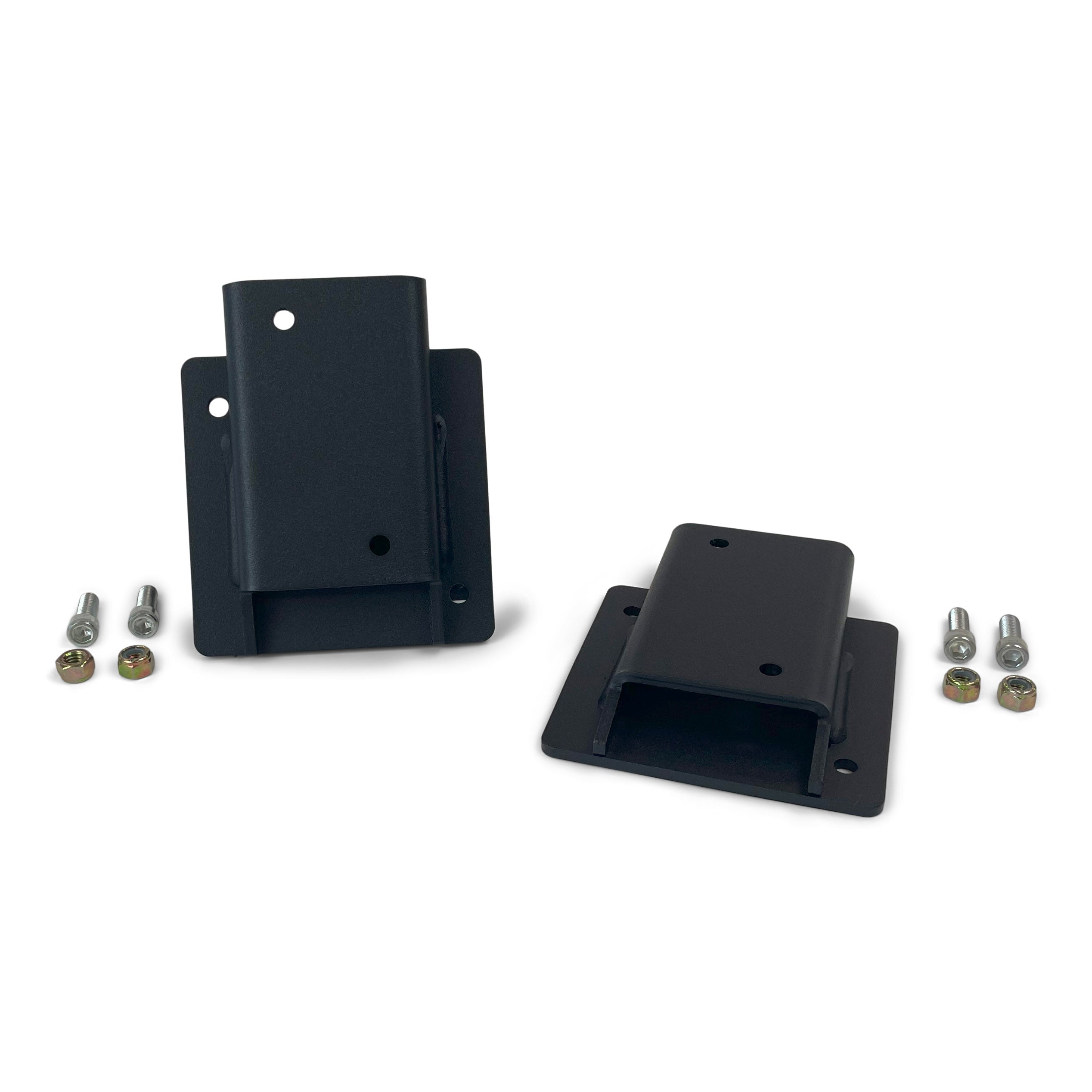 Black steel mounting brackets with hardware for vehicle overlanding gear installation