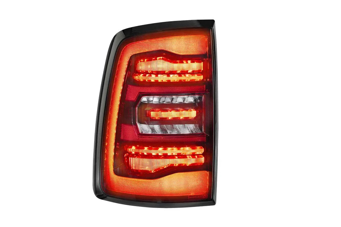 LED tail light assembly for Ram 1500 Classic, illuminated, isolated on white background