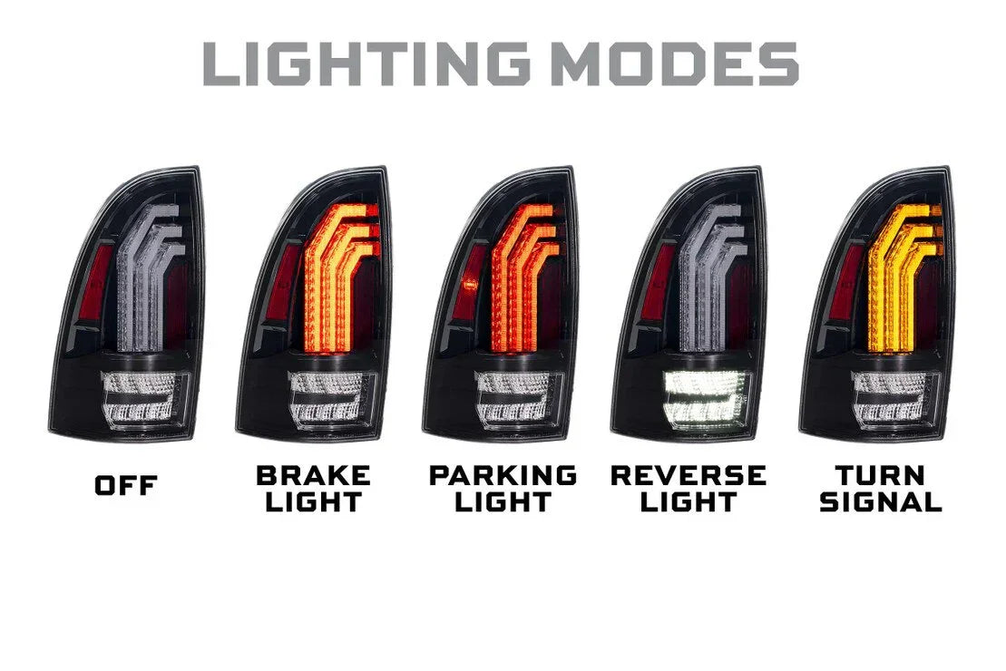Toyota Tacoma clear tail lights showing off, brake, parking, reverse, and turn signal modes.