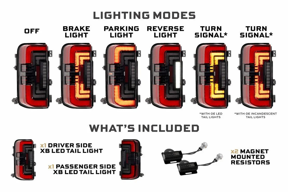Ford Bronco red smoked LED tail lights showing lighting modes and included components